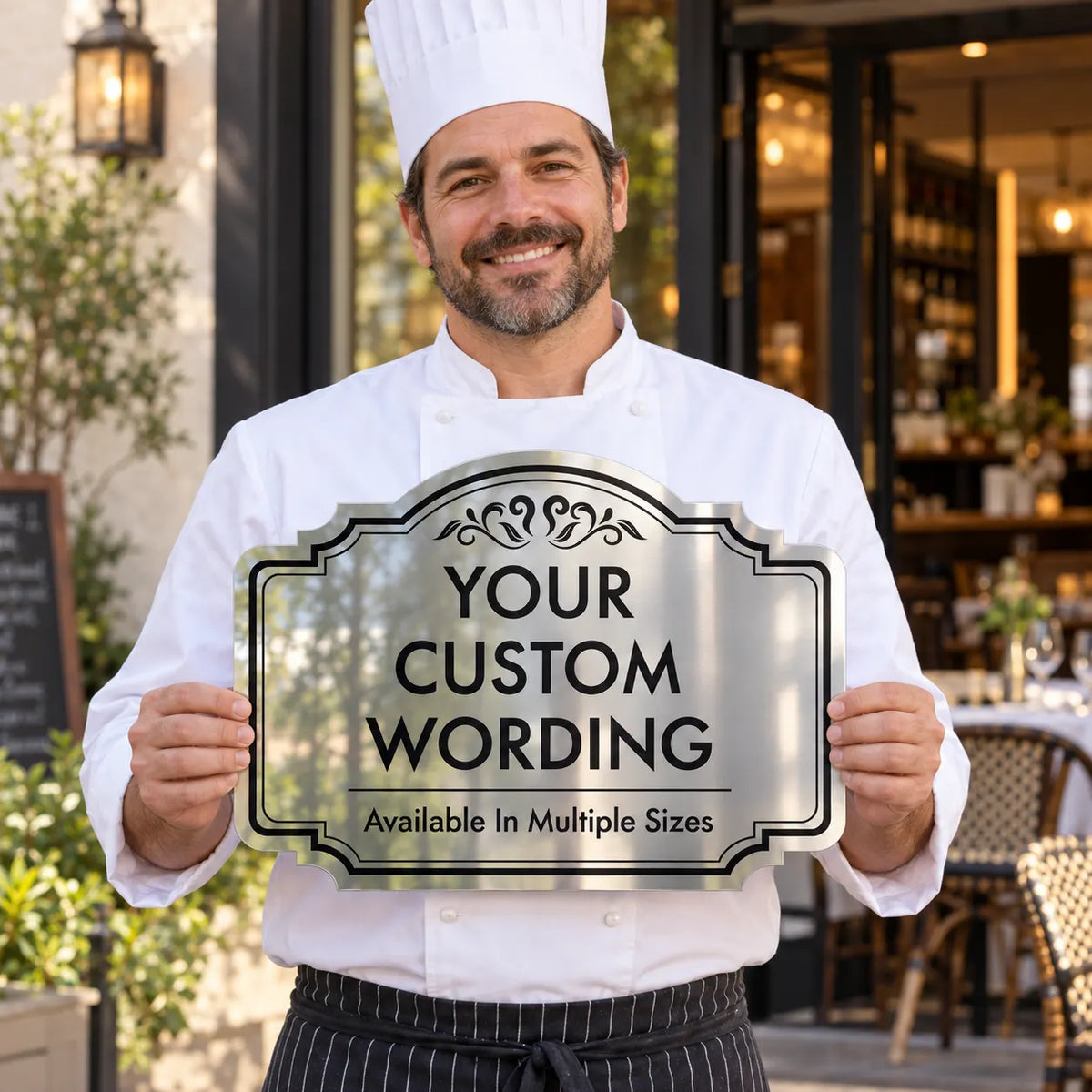 Chef holding a custom Ornate Scroll mirror finish aluminum sign in front of a restaurant