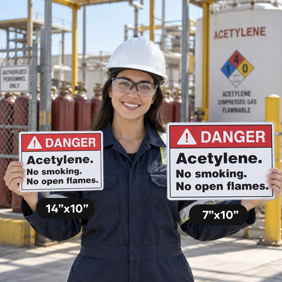 A woman in a white hard hat and dark navy work coverall stands outdoors at an industrial facility holding two rectangular warning signs that read “DANGER Acetylene. No smoking.