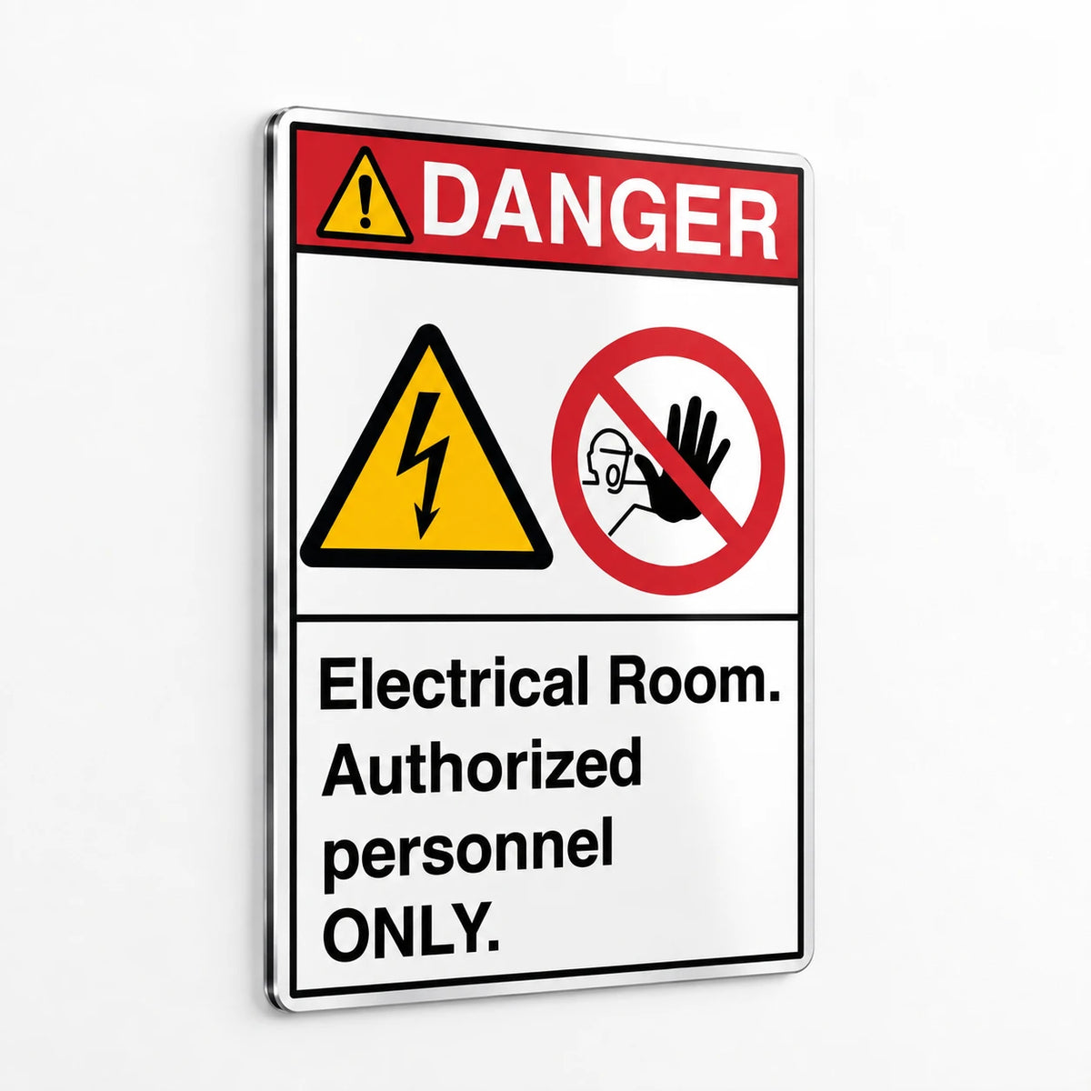 Vertical ANSI Z535.2-2023 Danger Electrical Room Authorized Personnel Only sign with ISO 7010 W012 electrical hazard and no-access prohibition symbols on .040 aluminum