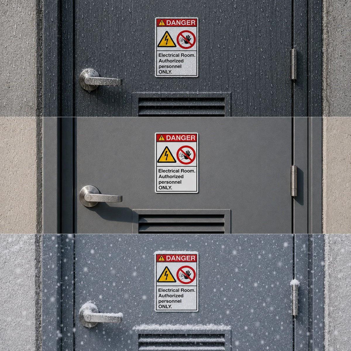 Three stacked close-up views of a dark gray metal electrical room door with a silver handle and a white DANGER warning label. The top photo is clean, the middle has light rain, and the bottom shows snow falling on the door.