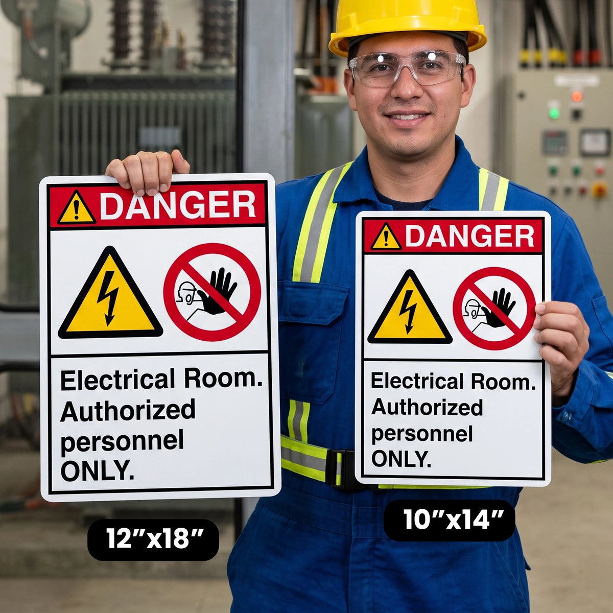 A man in a blue work uniform and yellow hard hat holds two electrical room warning signs. The signs read 'DANGER' and 'Electrical Room.