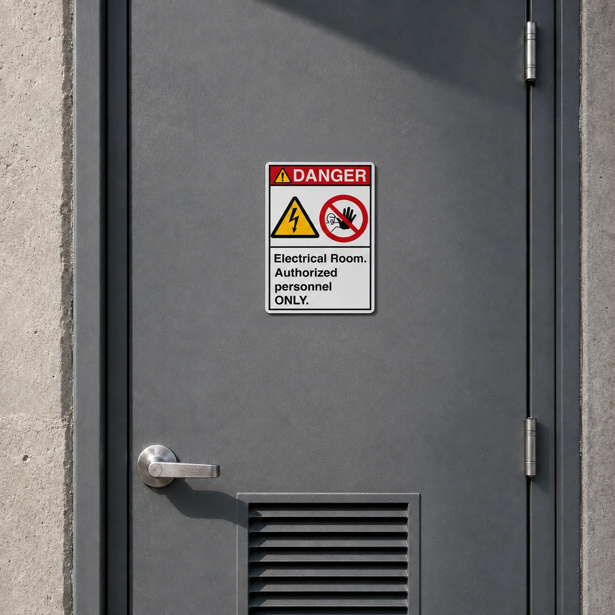 A rectangular warning sign reading 'DANGER Electrical Room. Authorized personnel ONLY' with a yellow hazard triangle and a red prohibition symbol, mounted on a dark gray metal door.