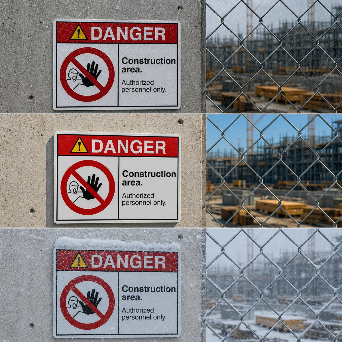 Three stacked panels show a rectangular construction safety sign mounted on a concrete wall beside a chain-link fence. The sign reads “DANGER” with a crossed-out hand icon and text stating “Construction area.