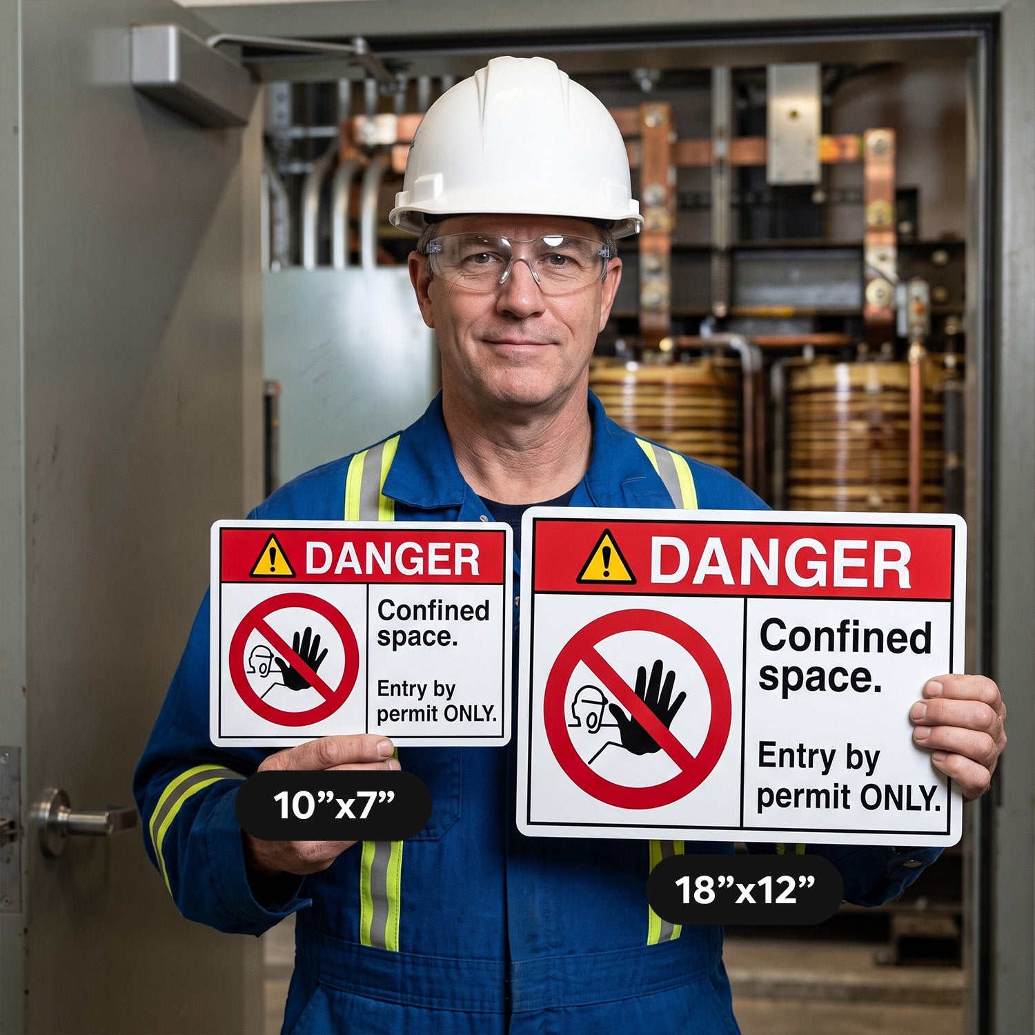 Danger Confined Space Entry By Permit Only Safety Sign with Prohibition Graphic