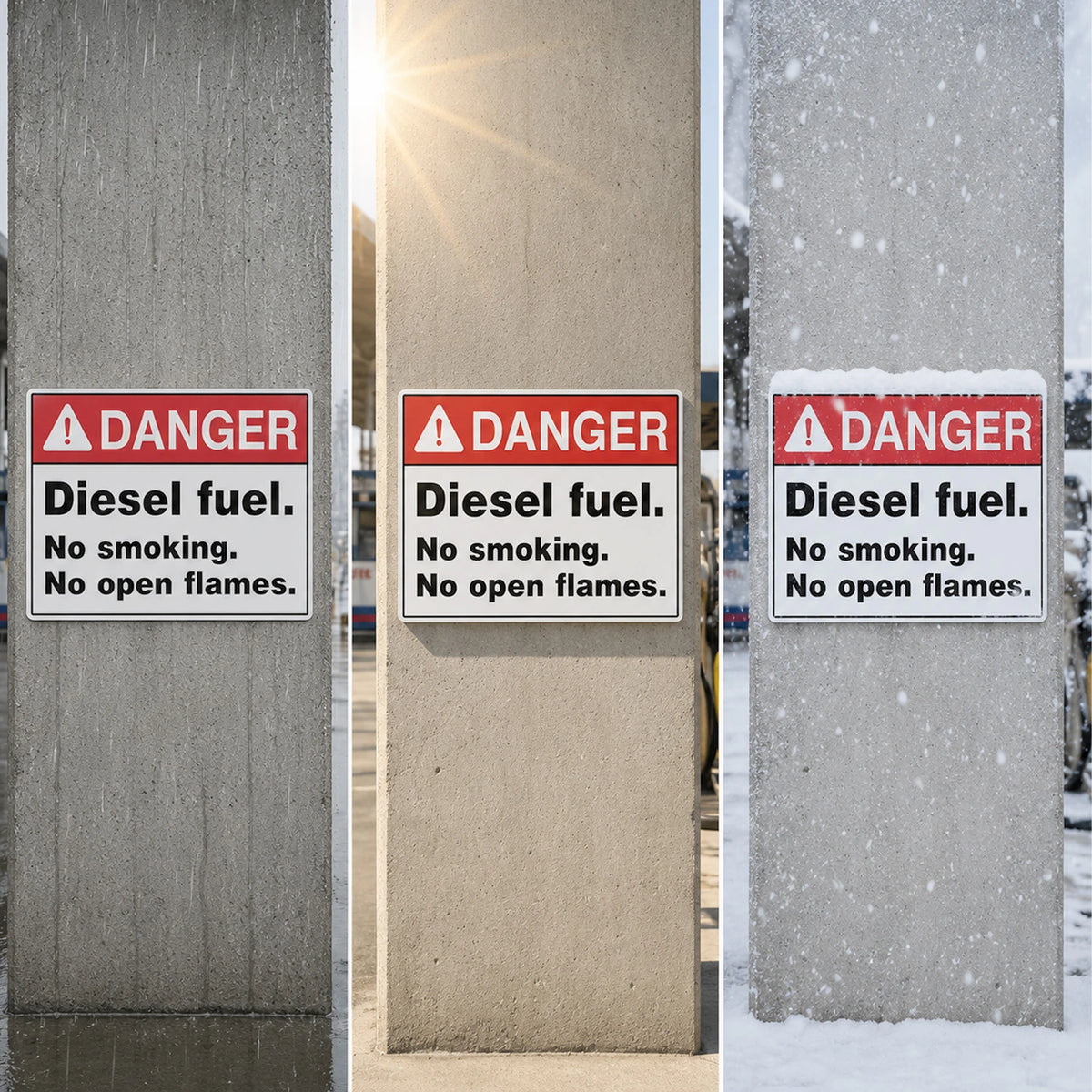 Three vertical panels show a rectangular warning sign mounted on concrete pillars in different outdoor settings. The sign reads “DANGER Diesel fuel.