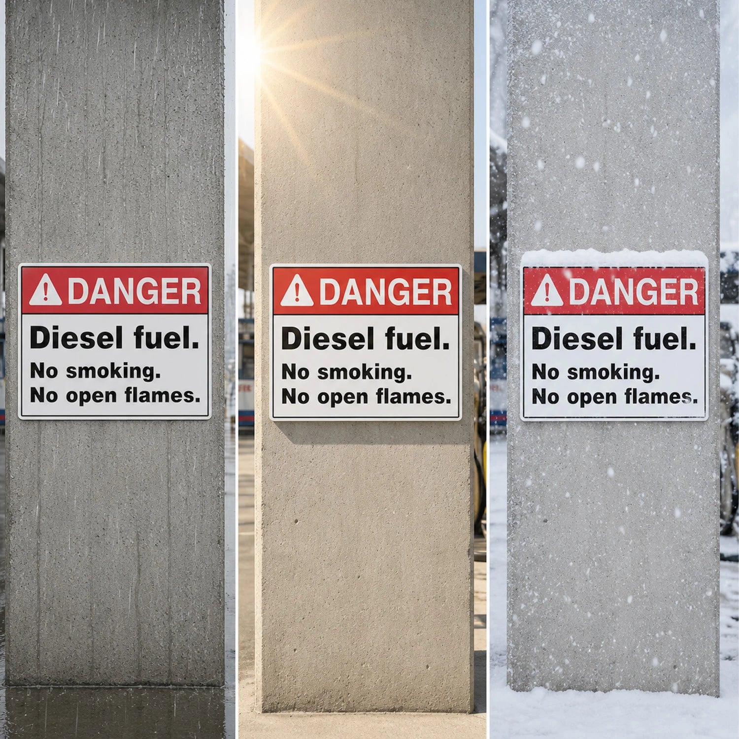 Three vertical panels show a rectangular warning sign mounted on concrete pillars in different outdoor settings. The sign reads “DANGER Diesel fuel.