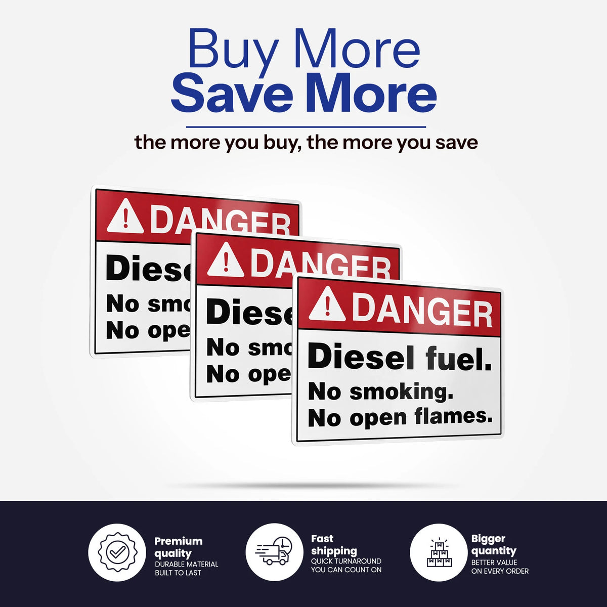 Three stacked warning signs with red headers reading DANGER and black text stating Diesel fuel. No smoking.