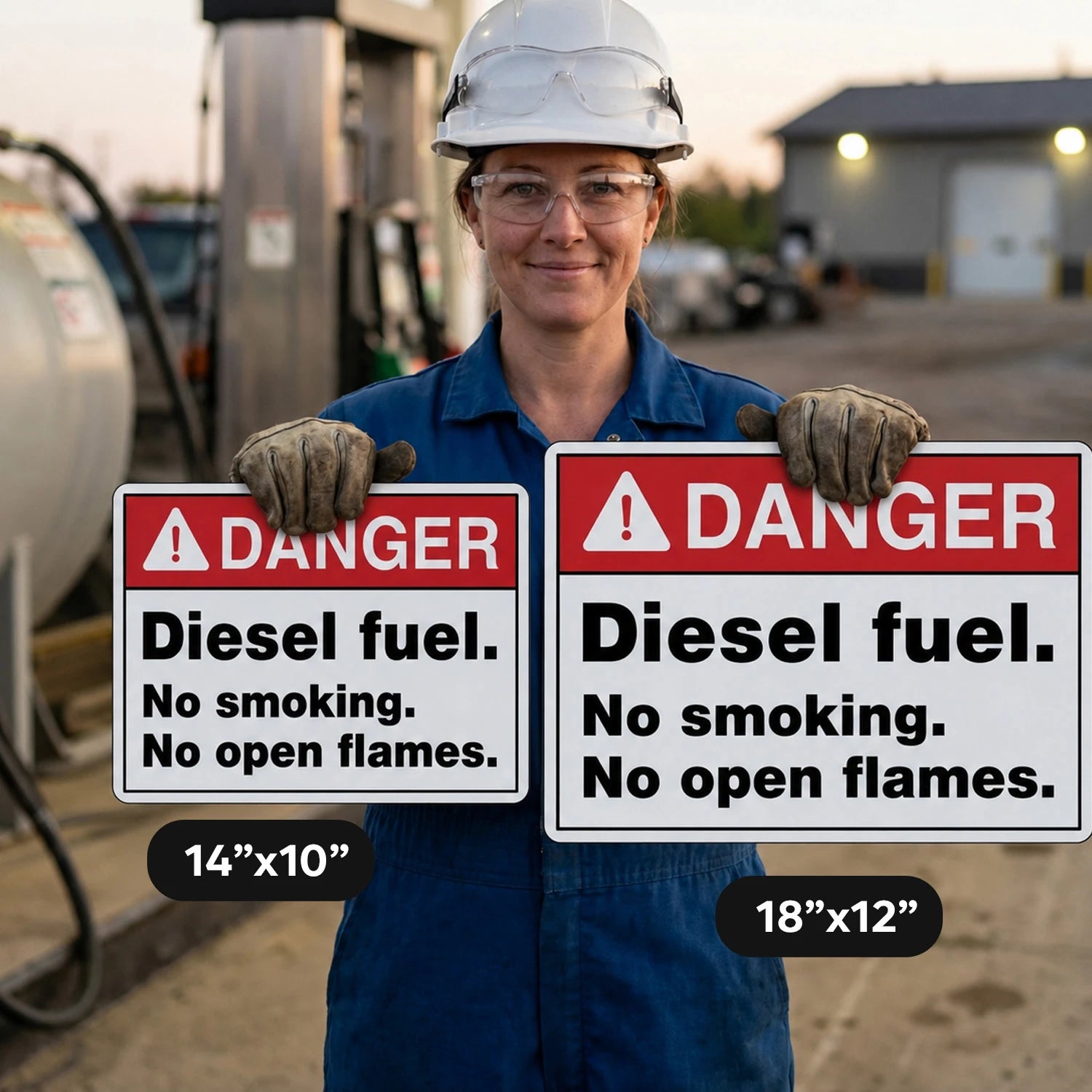 A woman in a blue work shirt and white hard hat stands in an industrial setting holding two warning signs that read “DANGER Diesel fuel. No smoking.