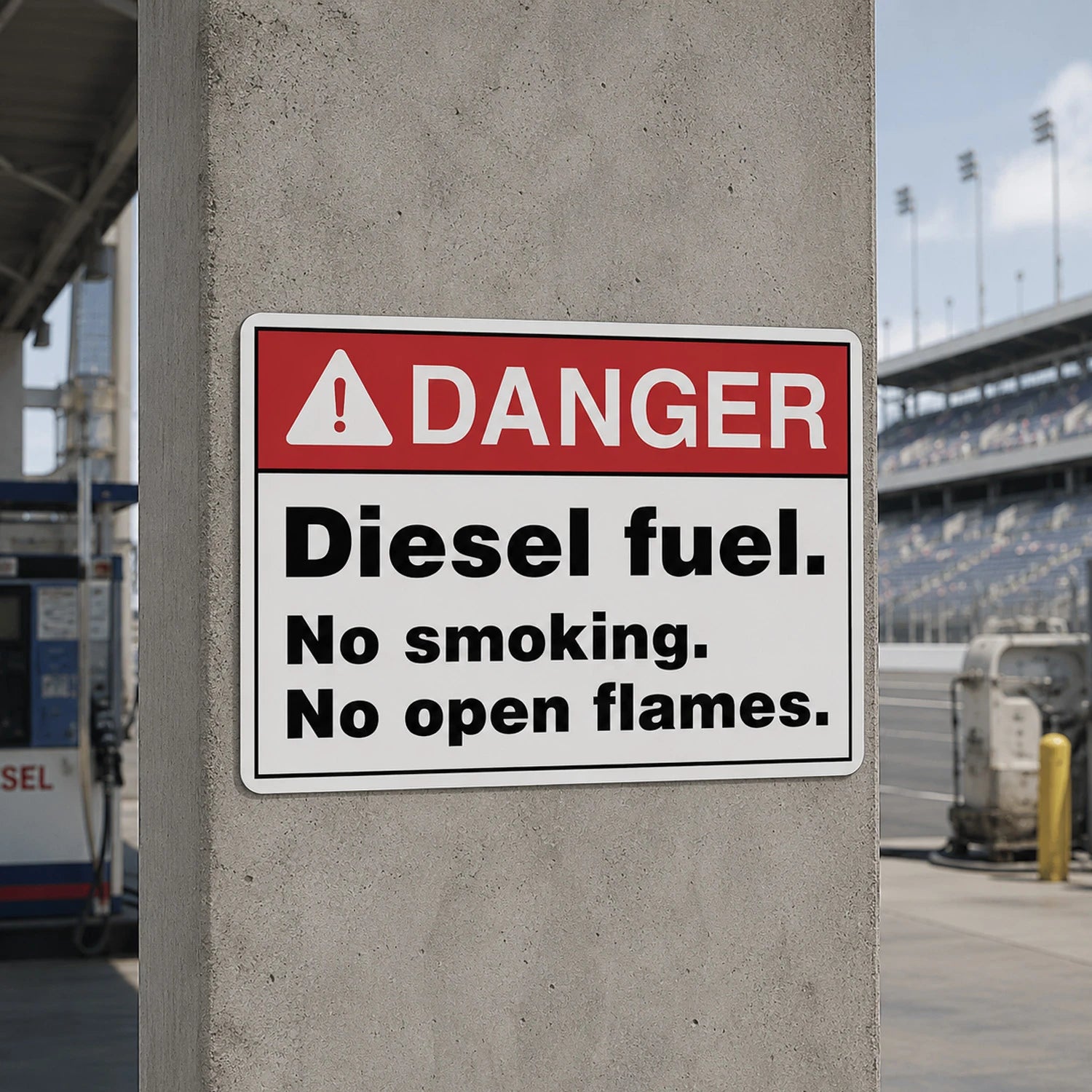 A rectangular warning sign reading “DANGER Diesel fuel. No smoking.