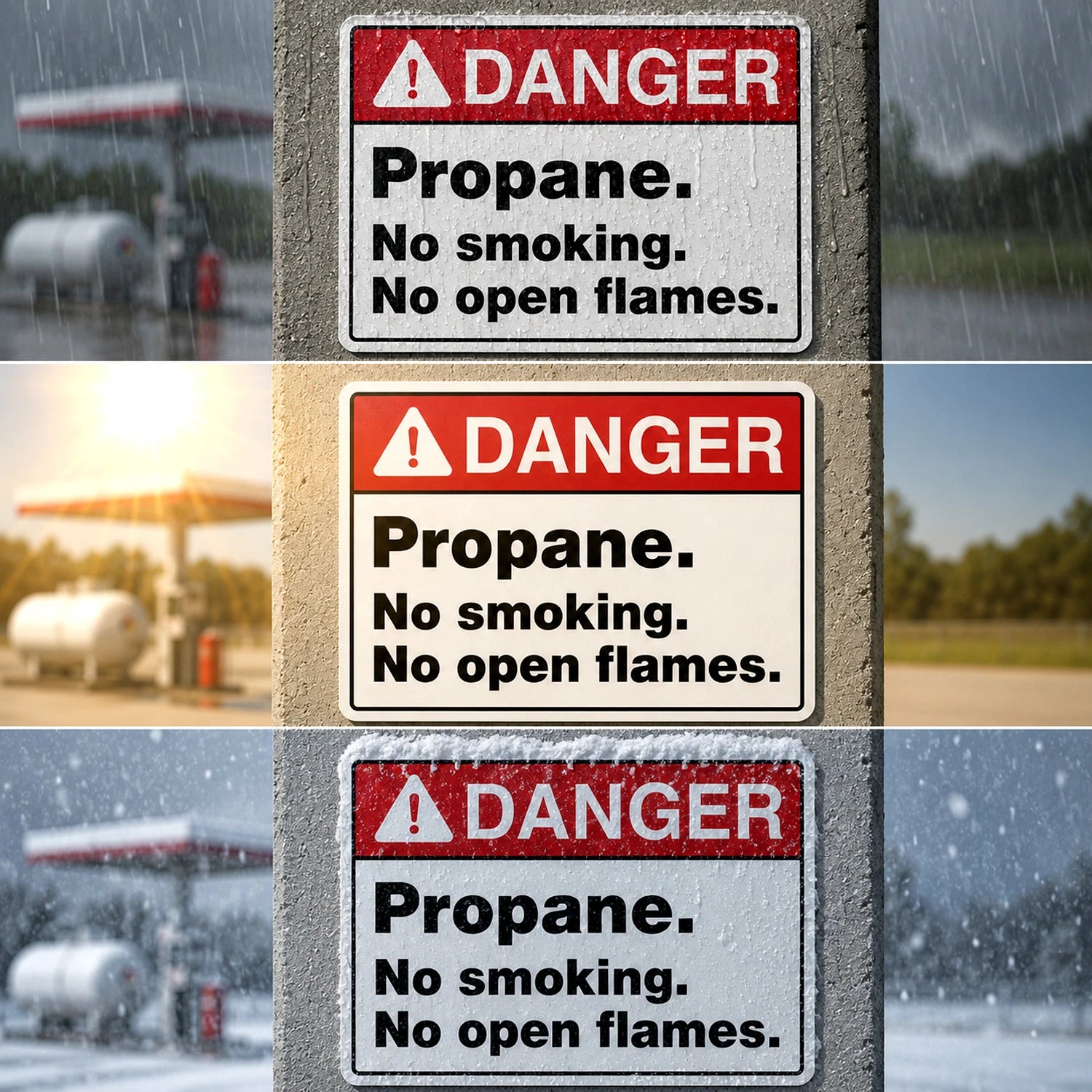 Three stacked warning signs reading “DANGER Propane. No smoking.