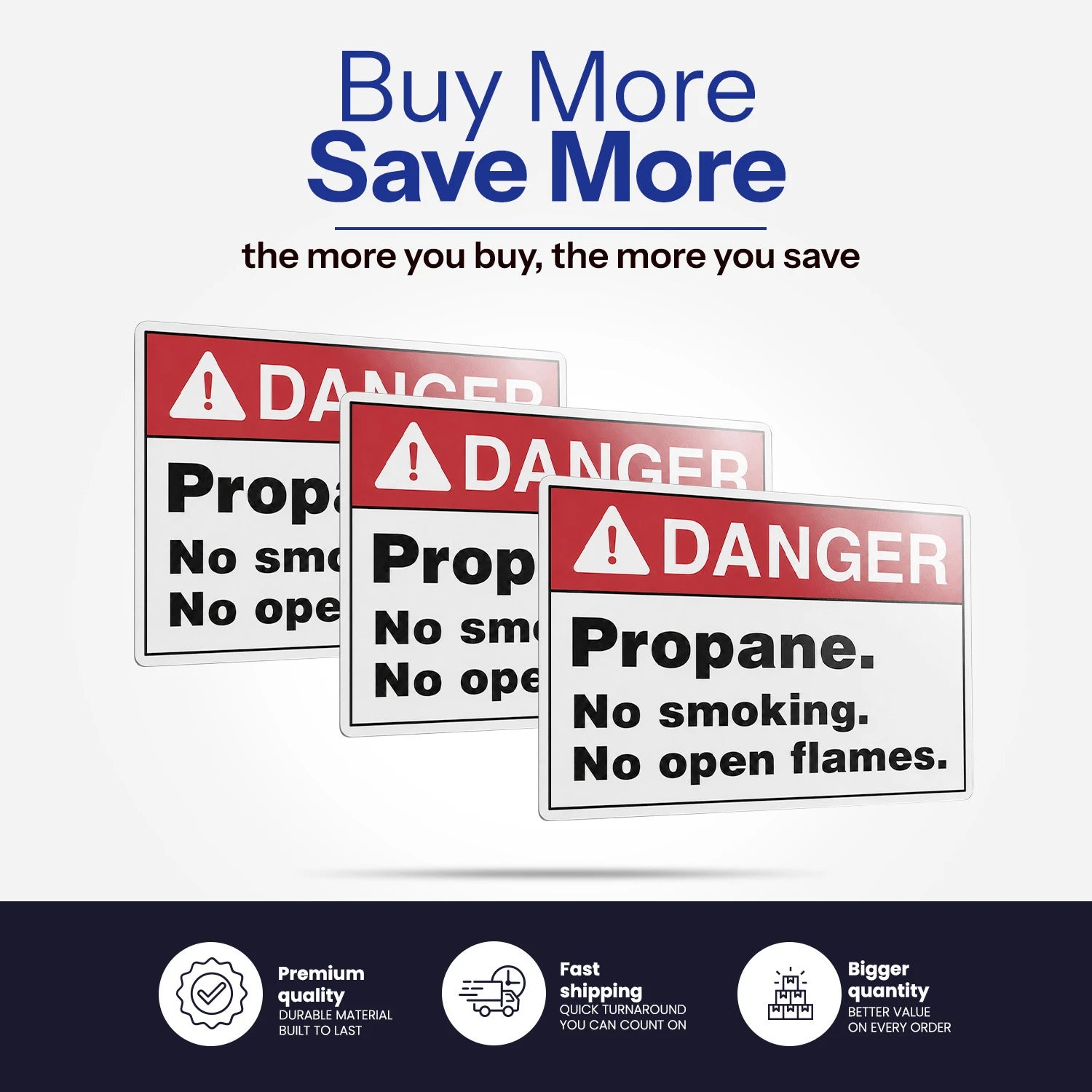 Three overlapping white and red 'DANGER' propane warning signs with the text 'Propane. No smoking.