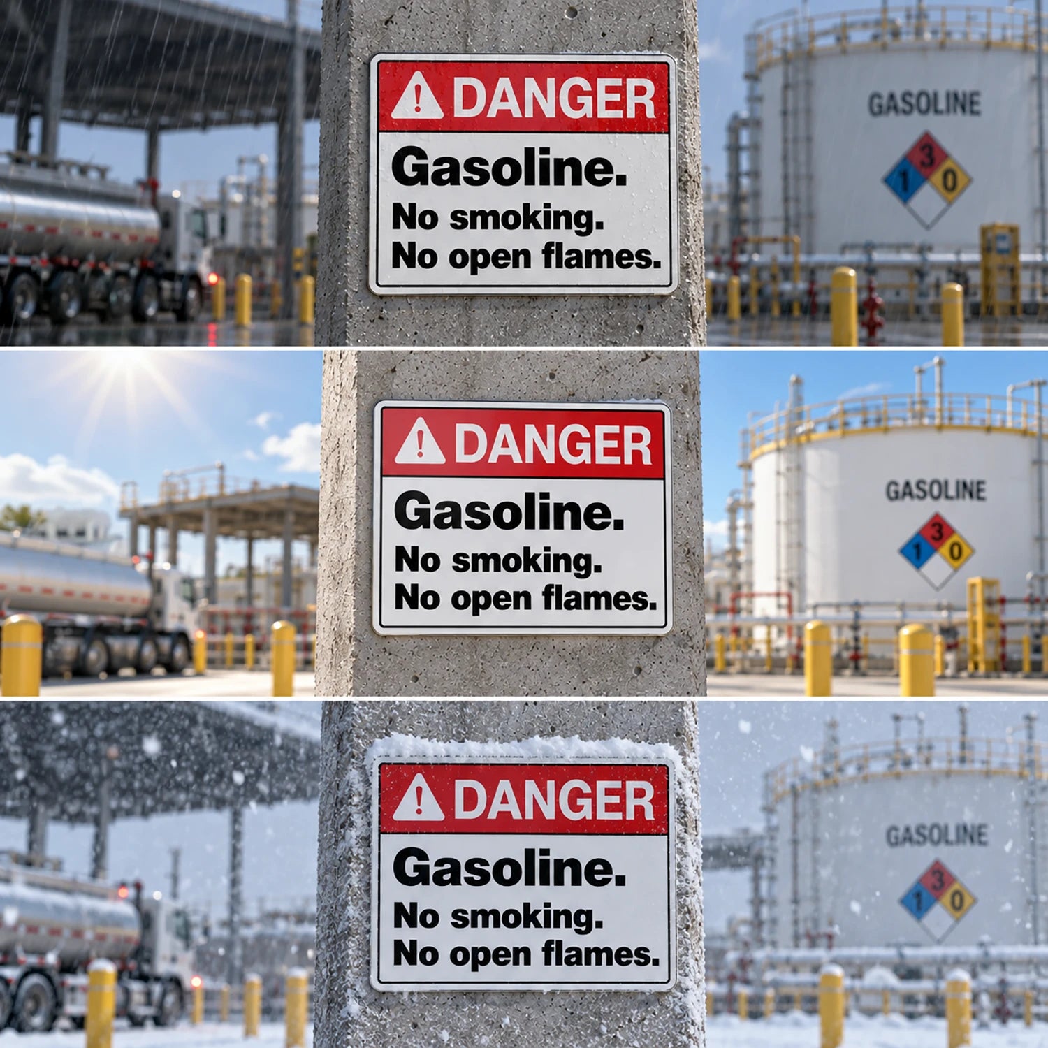 Three stacked panels show a concrete pole with a red and white DANGER sign that reads 'Gasoline. No smoking.
