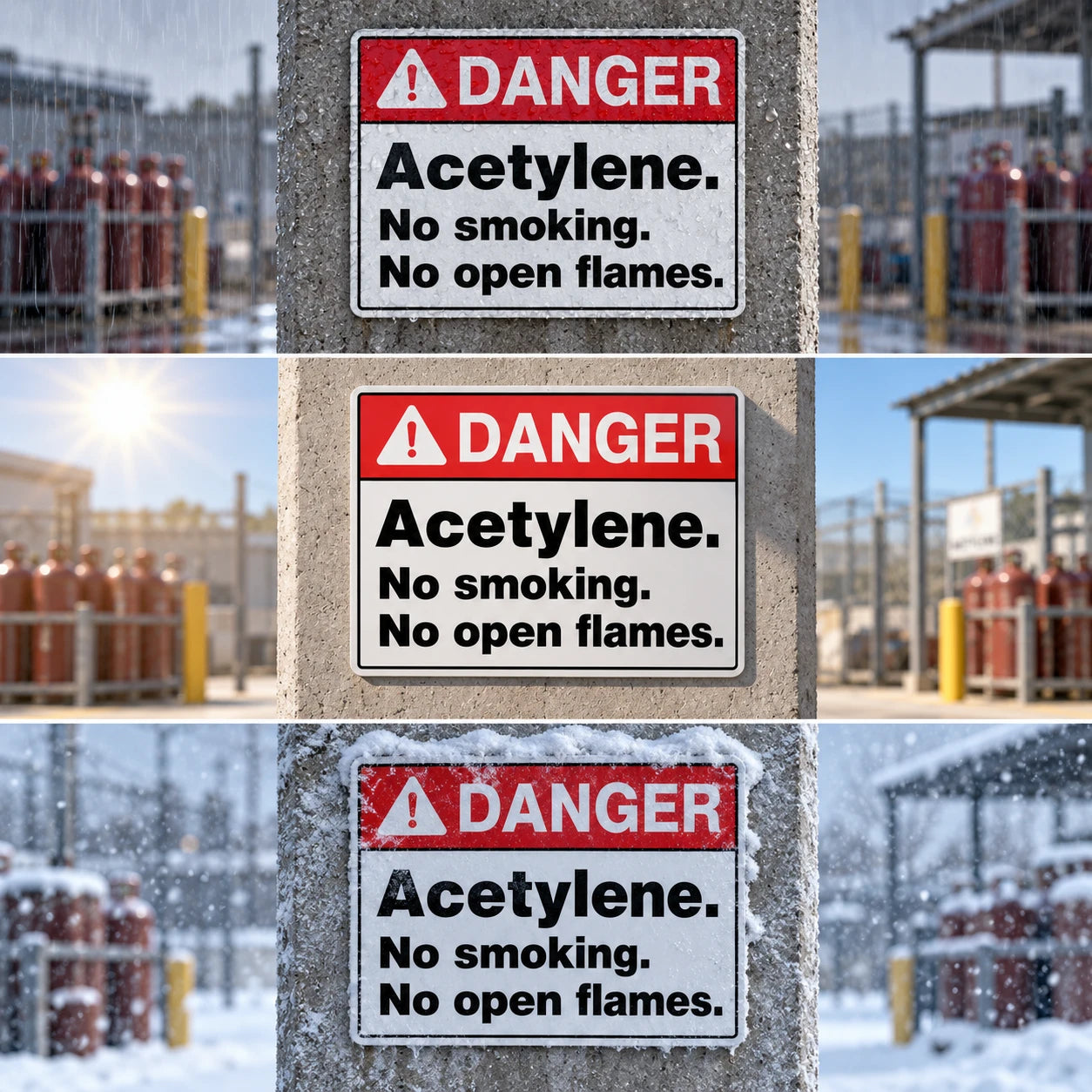 Three stacked close-up views of a rectangular safety sign reading “DANGER Acetylene. No smoking.