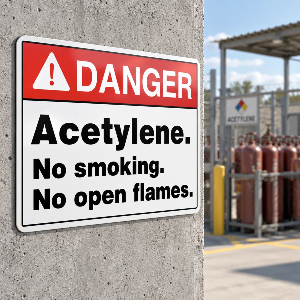 A rectangular safety sign reading “DANGER Acetylene. No smoking.