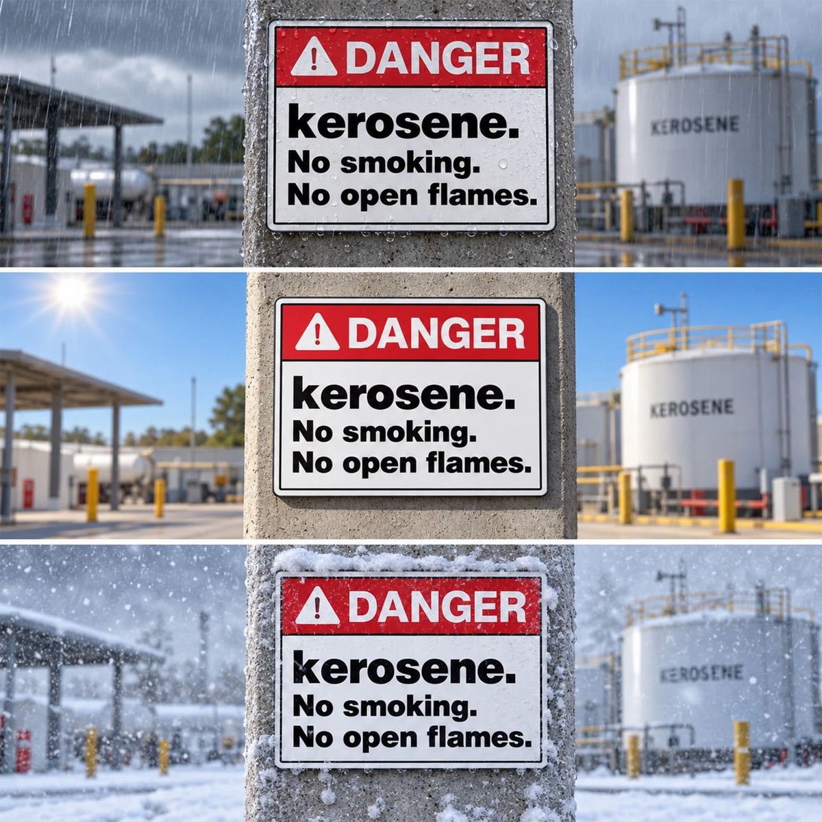 Three stacked warning signs reading “DANGER kerosene. No smoking.