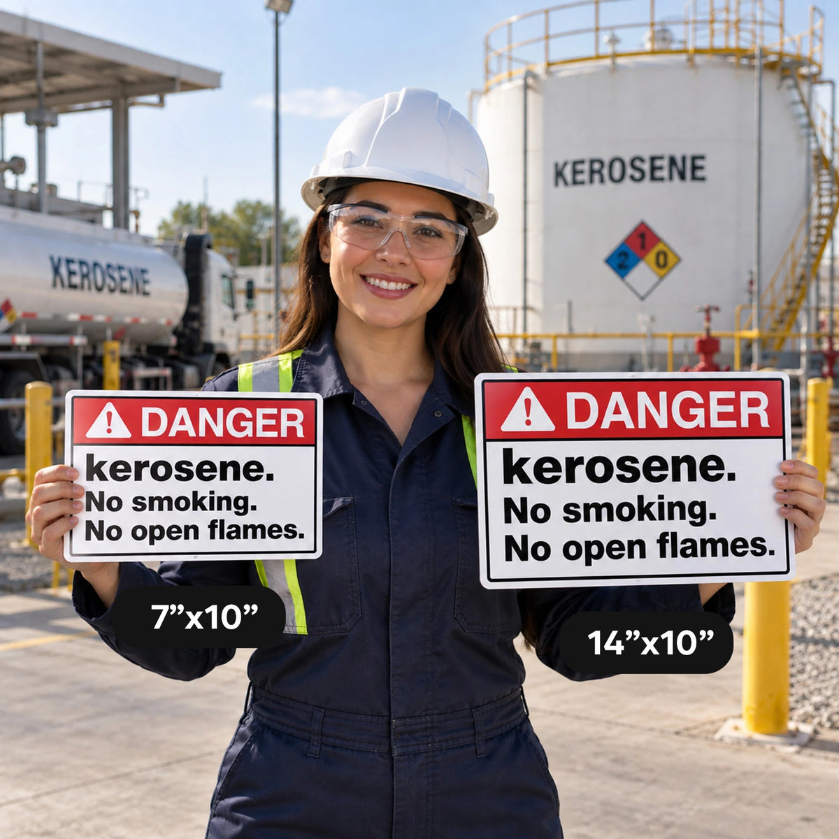 A woman in a white hard hat and dark overalls stands in an industrial kerosene facility holding two warning signs that read “DANGER kerosene. No smoking.