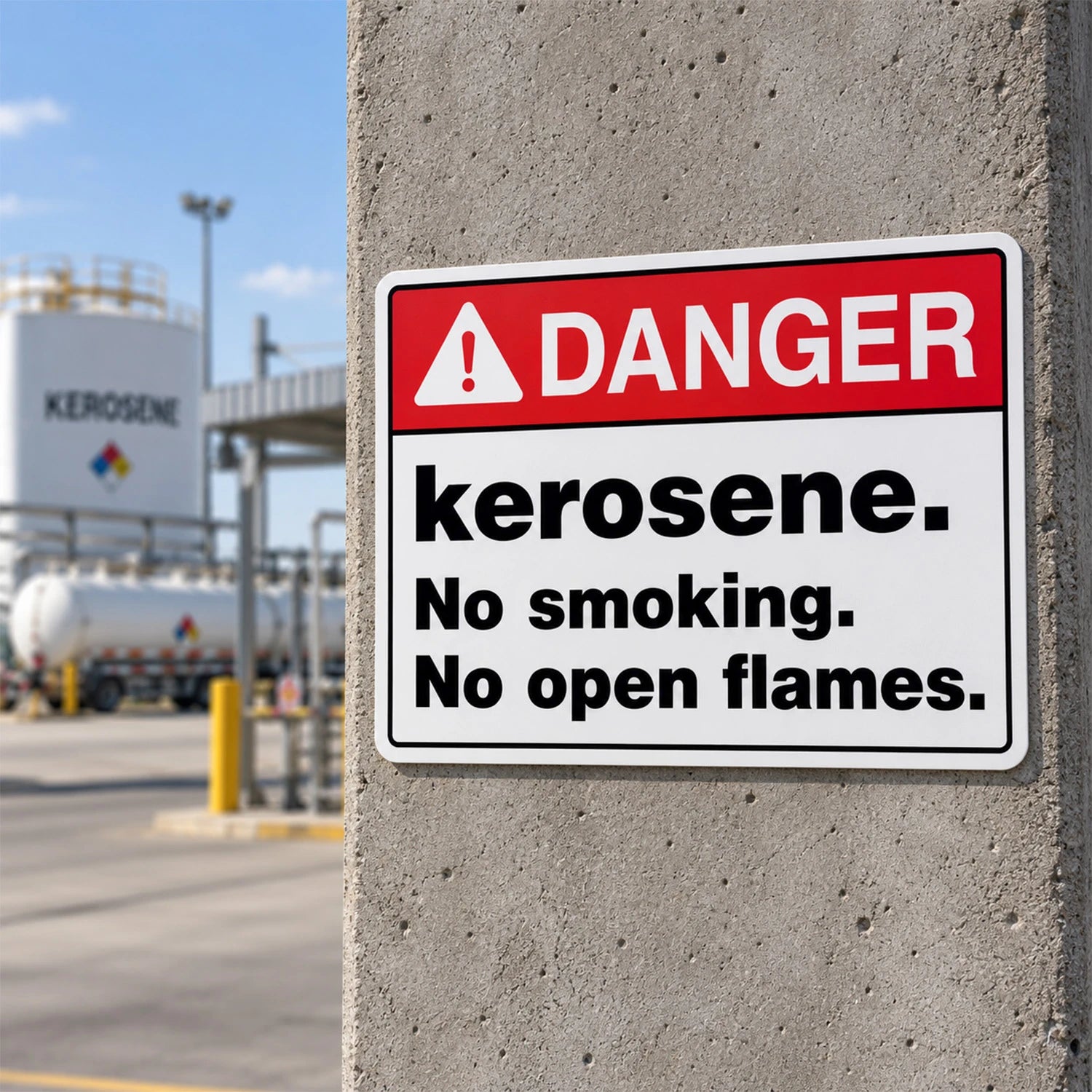 A rectangular warning sign reading “DANGER kerosene. No smoking.