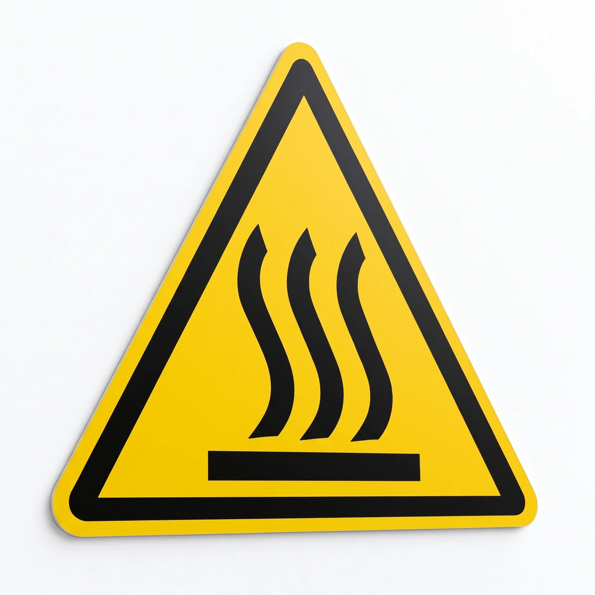 ISO 7010 W017 hot surface warning triangle sign with black heat waves symbol on safety yellow background, symbol-only design on heavy-duty .040 aluminum