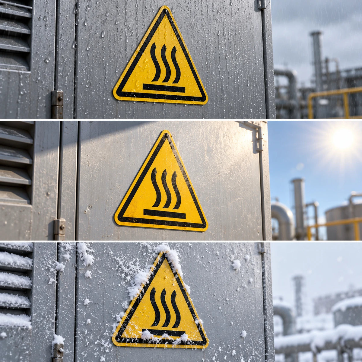 Three stacked close-up panels show a yellow triangular warning sign with a hot-surface icon mounted on a gray metal industrial cabinet. The top panel has no snow, the middle panel has light frost, and the bottom panel is covered in snow, with an industrial outdoor background visible in the right side of the panels.