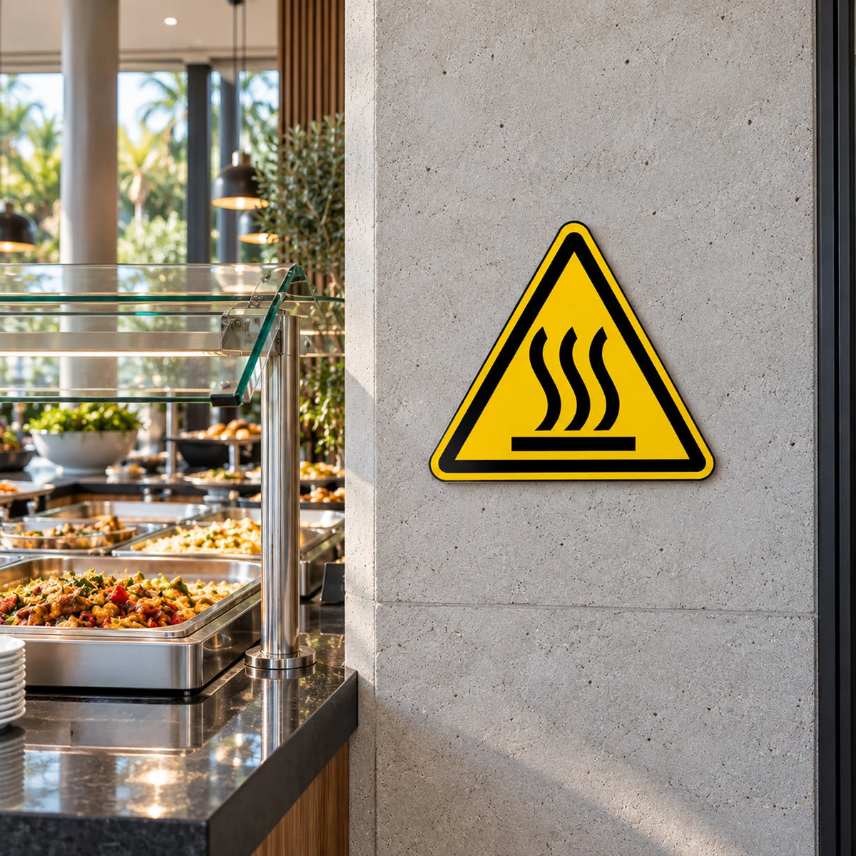 A yellow triangular warning sign with black steam lines and a black border, mounted on a light gray concrete pillar in a modern buffet restaurant setting.