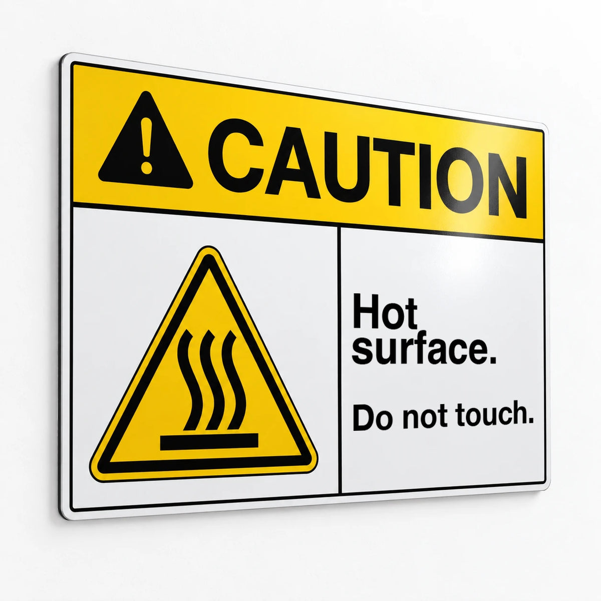 Horizontal ANSI Z535.2-2023 Caution Hot Surface Do Not Touch sign with ISO 7010 W017 hot surface symbol and Safety Yellow CAUTION header on .040 aluminum