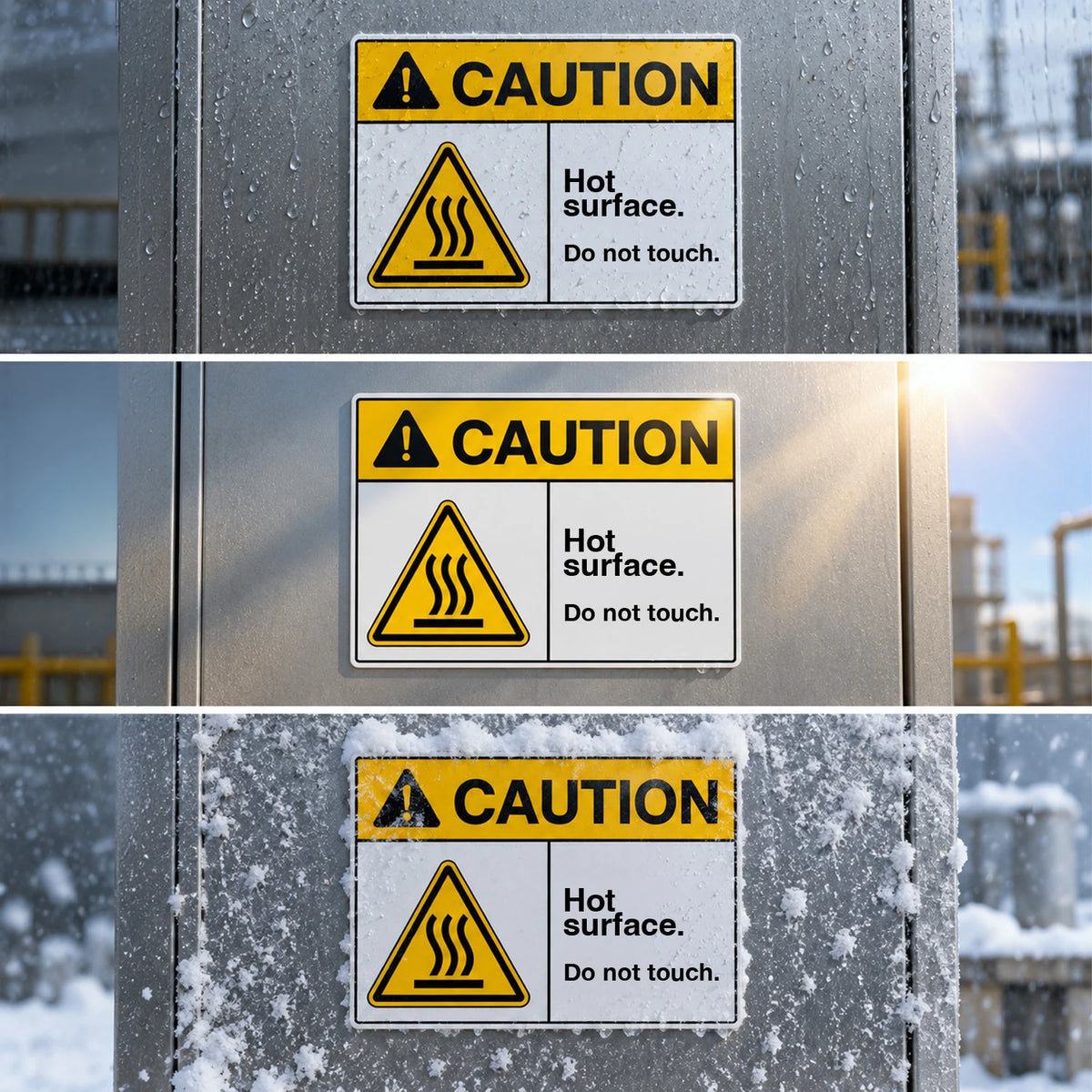 Three stacked close-up views of a hot surface warning sign on a metal electrical cabinet, with rain droplets in the top view and snow in the bottom view, against an industrial outdoor background.