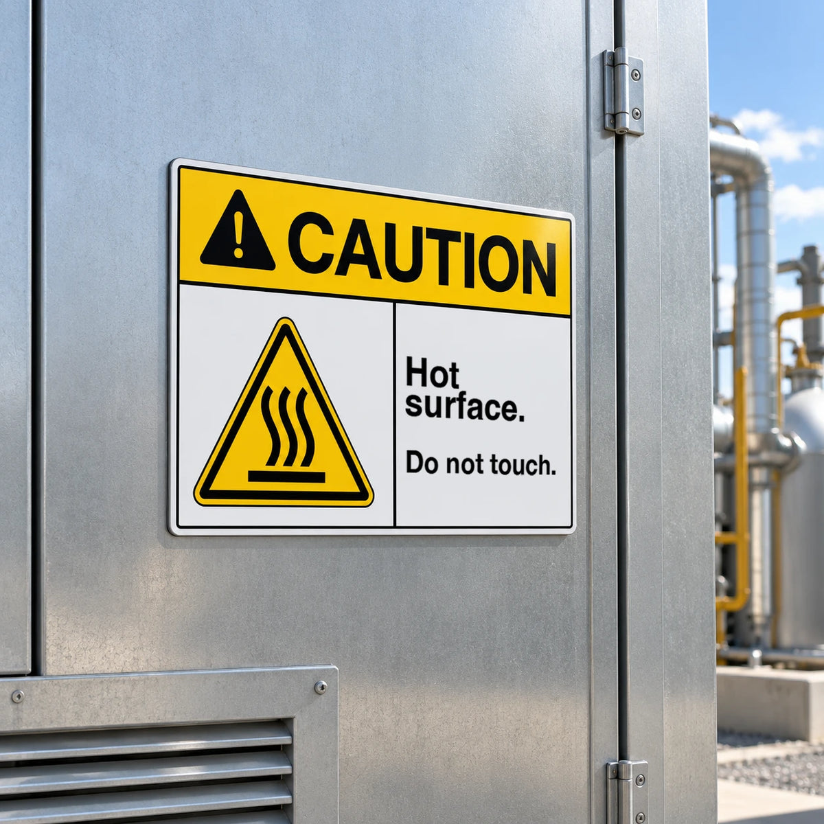 A yellow and white industrial warning sign on a stainless steel container door, reading 'CAUTION Hot surface. Do not touch.