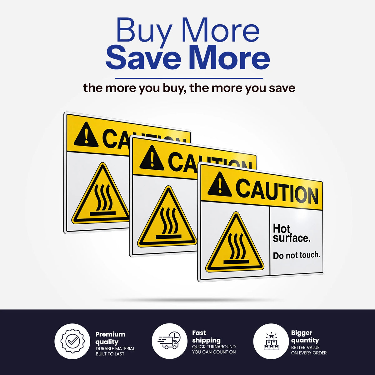 Three overlapping yellow and white caution signs with hot surface icons and text, shown on a light gray background with promotional text at the top and feature icons at the bottom.