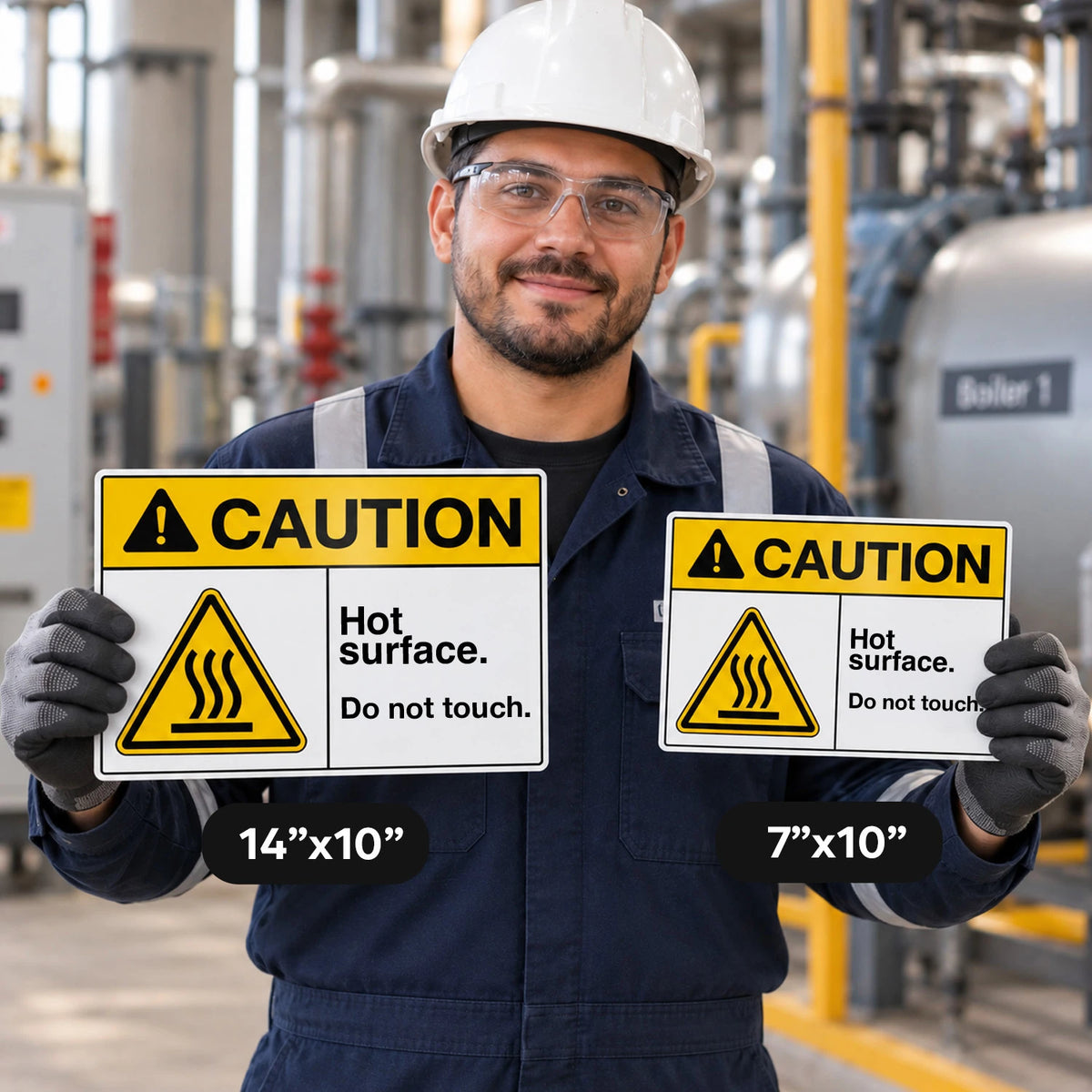 A man in a white hard hat and navy work jacket stands in an industrial plant holding two hot-surface warning signs. One sign is labeled 14"x10" and the other 7"x10".