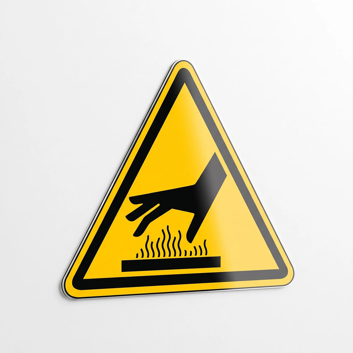 Yellow triangle hot surface burn hazard warning sign with black hand and heat waves symbol, symbol-only design on heavy-duty .040 aluminum