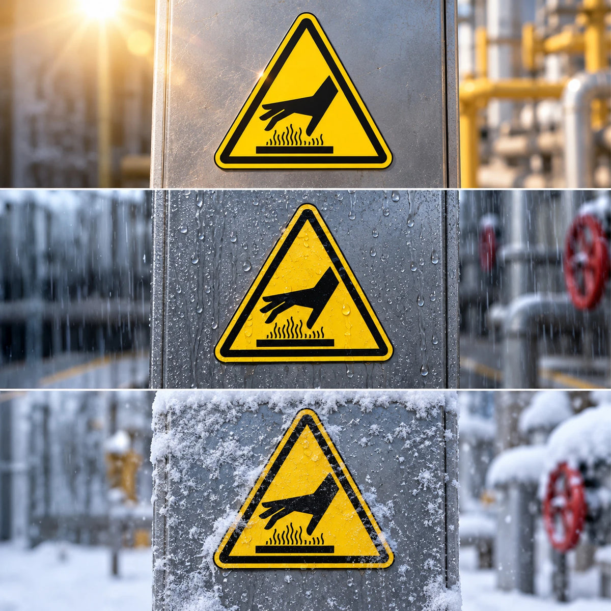 Three stacked panels show a yellow triangular warning sign with a black hand-and-heat symbol mounted on a gray metal post outdoors. The top panel has bright sun glare, the middle panel shows rain and water droplets, and the bottom panel shows snow and blurred industrial background elements.