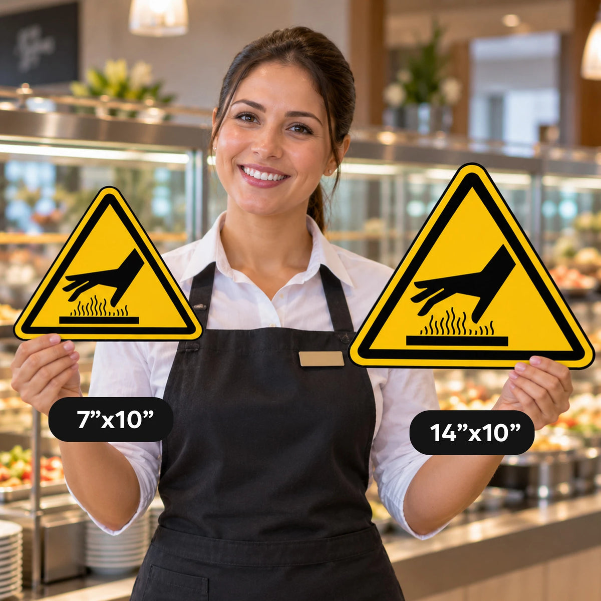 A smiling female restaurant or buffet attendant holds two yellow triangular warning signs with a black hand graphic and size labels reading 7"x10" and 14"x10". The background shows a softly blurred buffet or cafeteria interior.