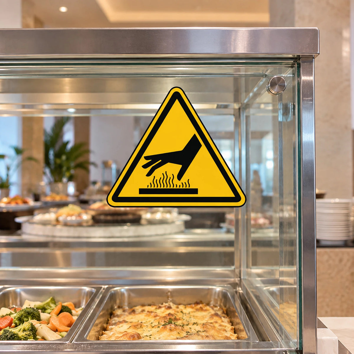 A yellow triangular warning sign with a black hand icon and heat waves, mounted on the glass display case of a buffet food service counter.