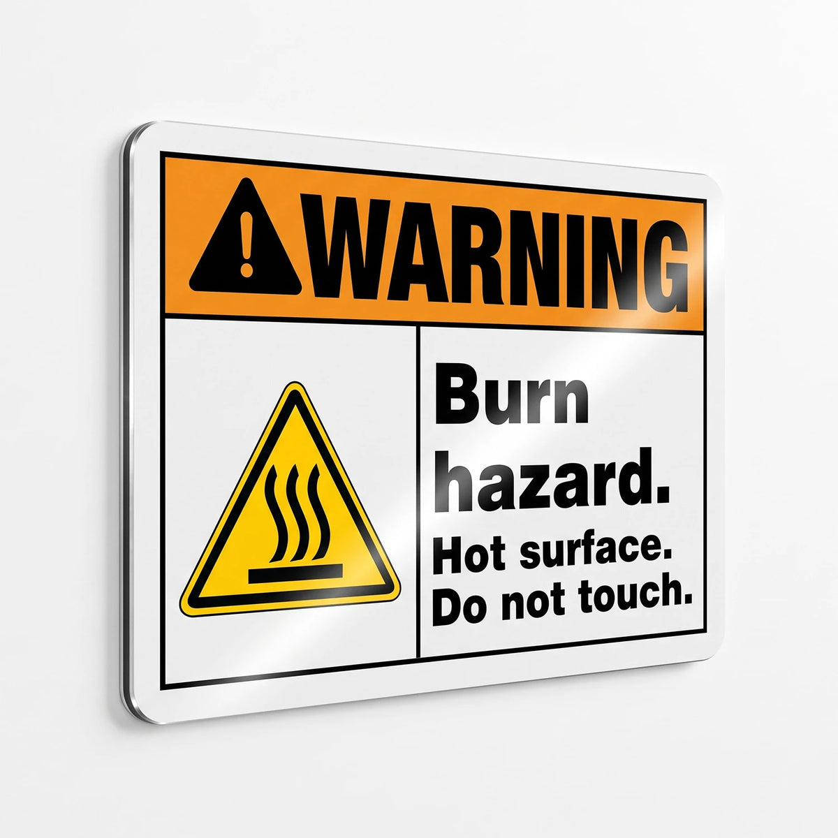 ANSI Z535.2-2023 Warning Burn Hazard Hot Surface Do Not Touch sign with ISO 7010 W017 hot surface symbol and Safety Orange WARNING header on .040 aluminum