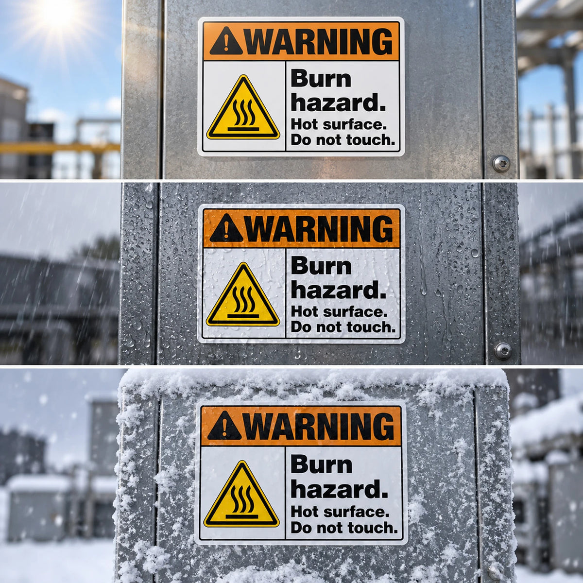 Three stacked close-up views of a rectangular warning label mounted on a metal outdoor unit. The label reads “WARNING Burn hazard.