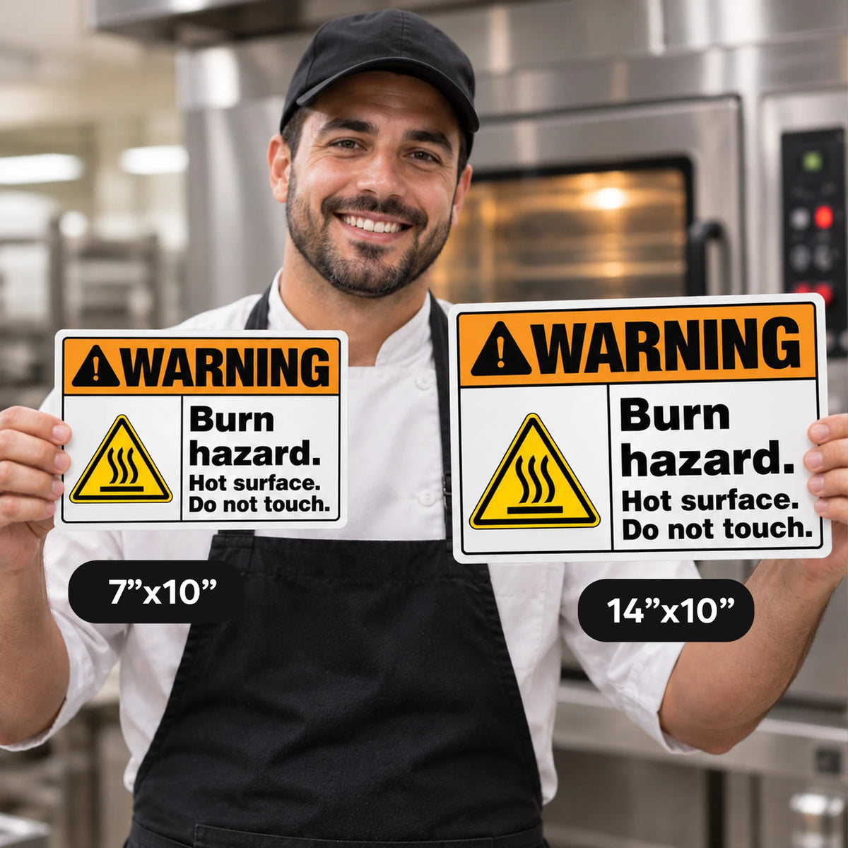 A smiling male chef in a white uniform and black apron holds two warning signs that read 'Burn hazard. Hot surface.