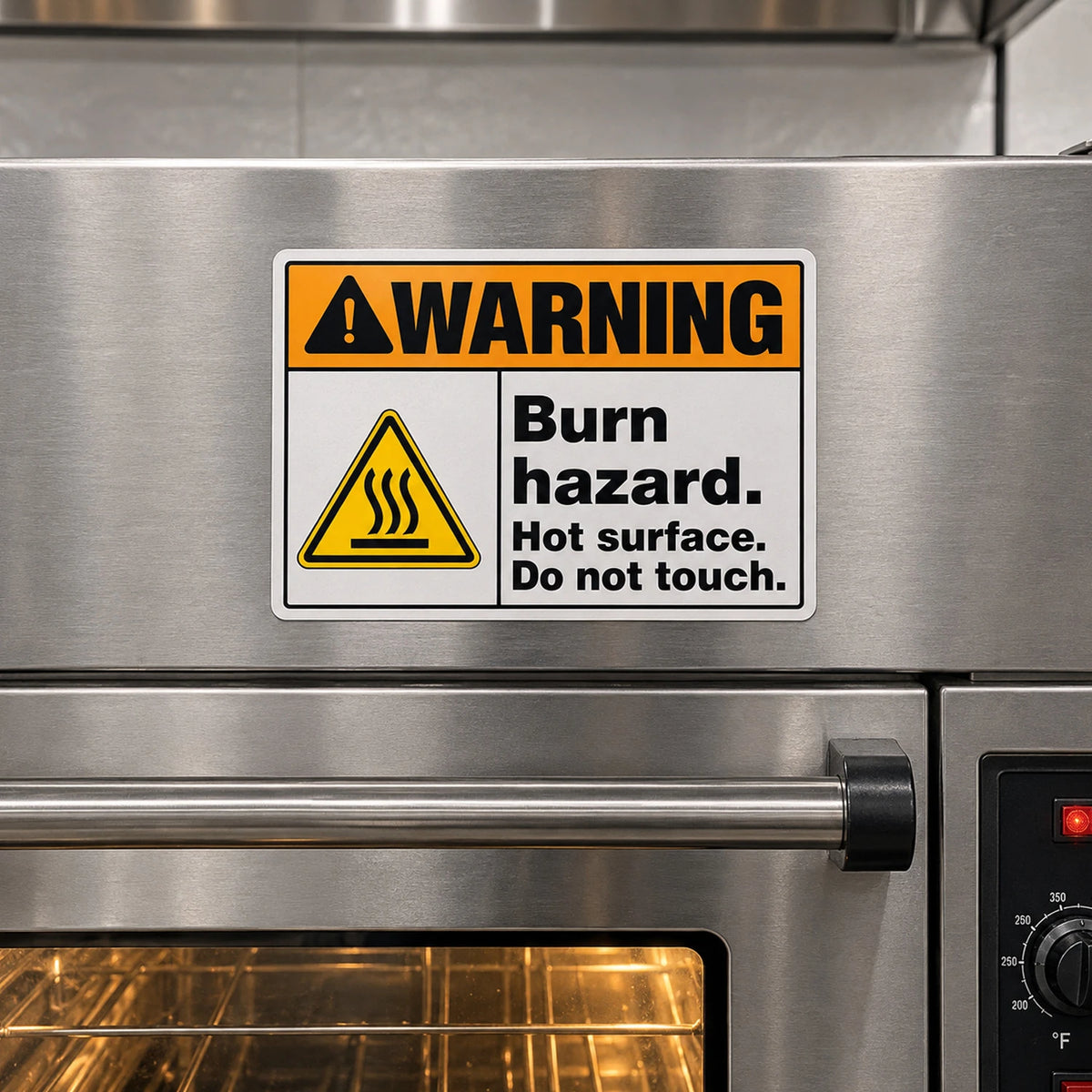 A rectangular warning label with a yellow hazard triangle and the text 'WARNING Burn hazard. Hot surface.