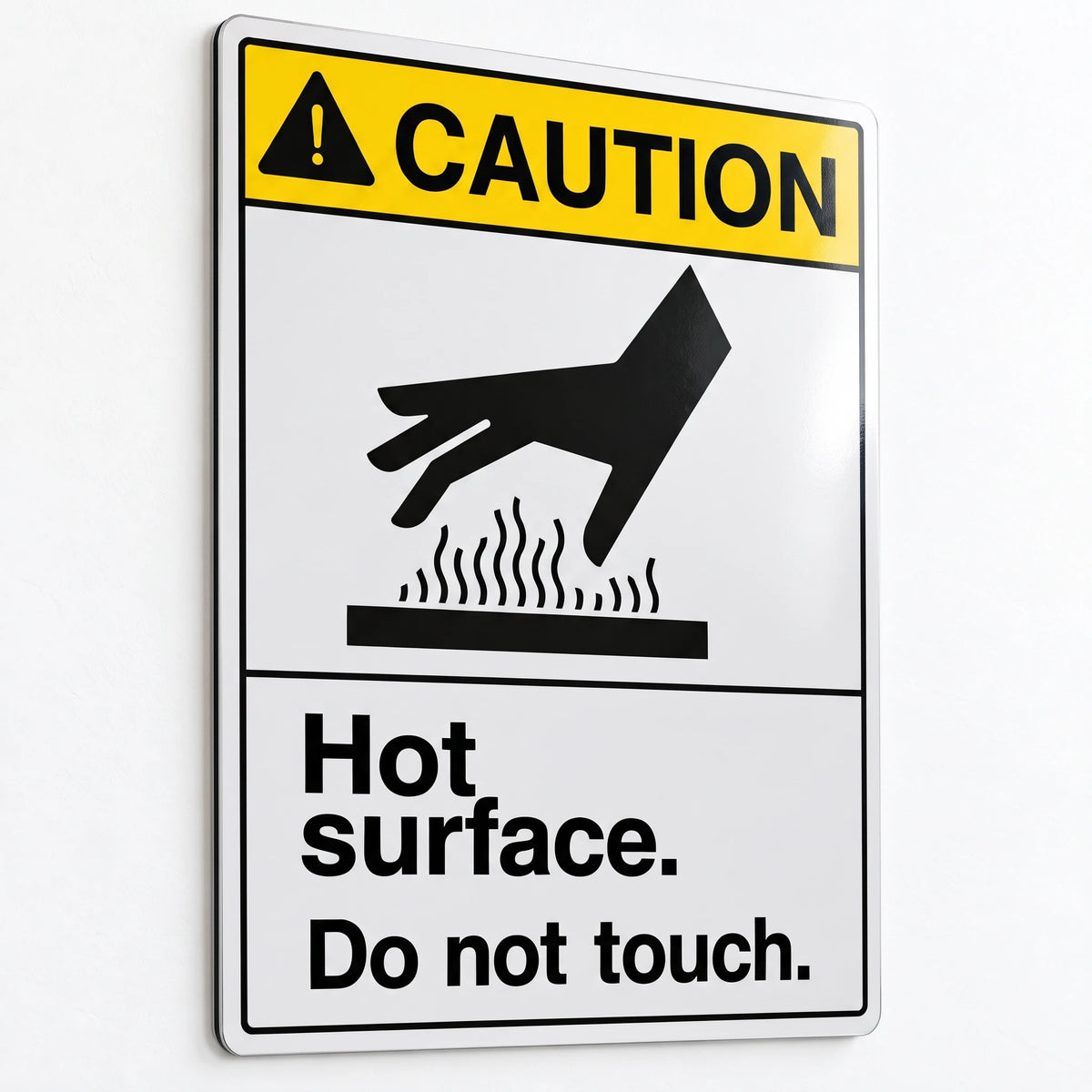 Vertical ANSI Z535.2-2023 Caution Hot Surface Do Not Touch sign with hand and heat waves burn hazard symbol and Safety Yellow CAUTION header on .040 aluminum