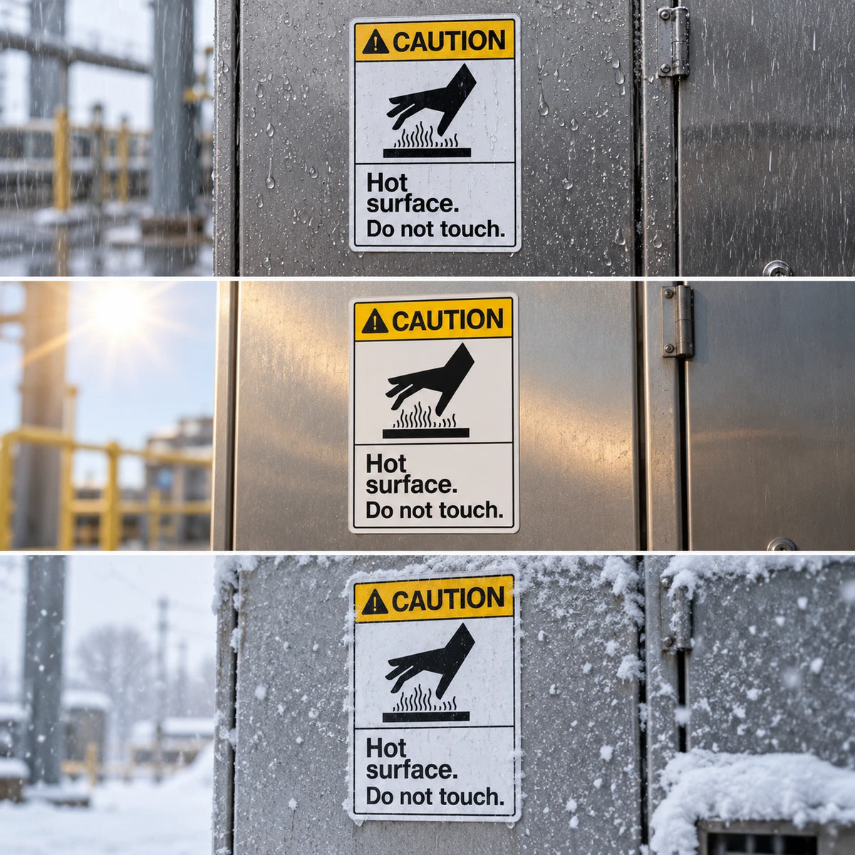 Three stacked photos show a metal electrical enclosure door with a prominent hot-surface warning label reading 'CAUTION Hot surface. Do not touch.