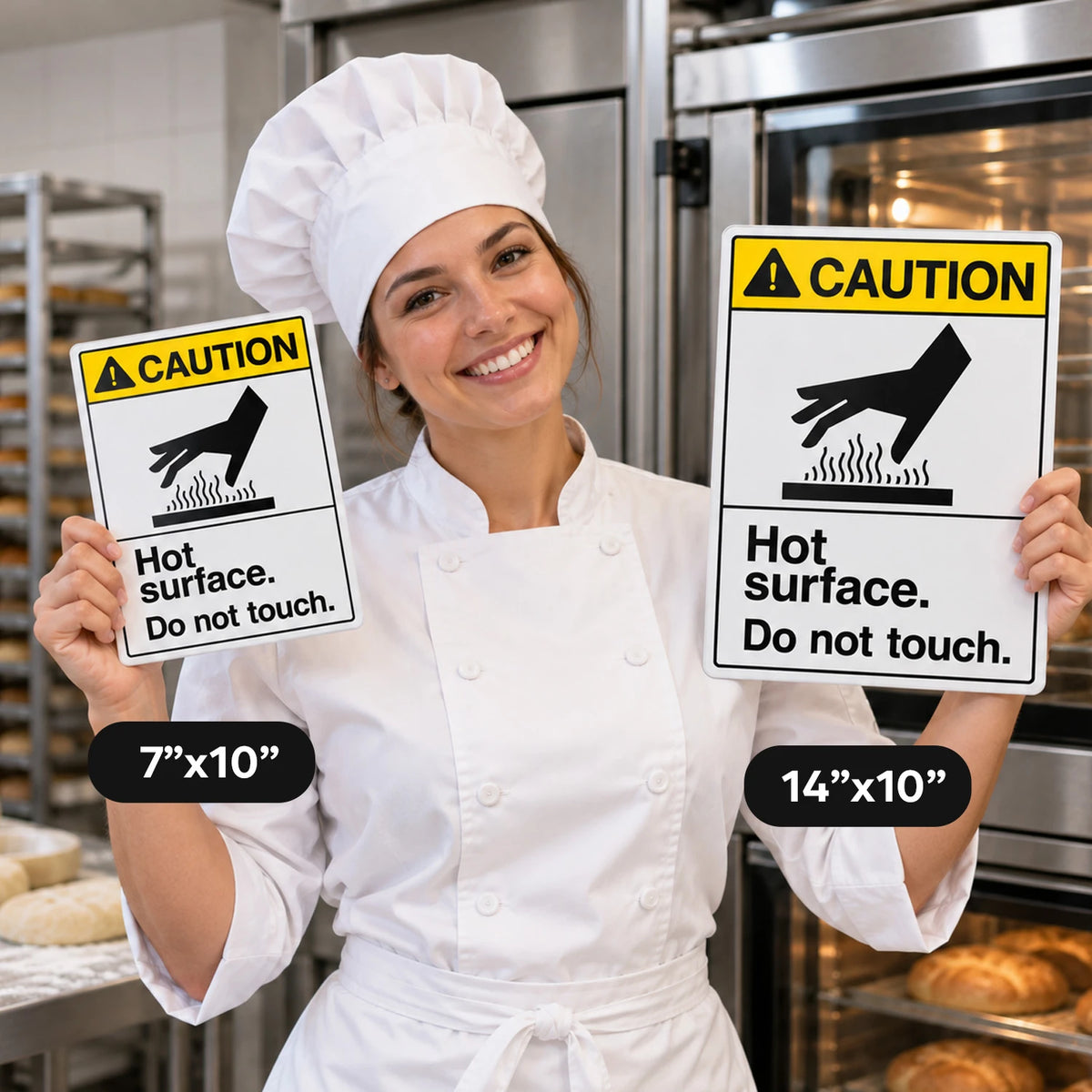 A smiling female chef in a white uniform stands in a commercial kitchen holding two versions of a hot surface warning sign. One sign is labeled 7"x10" and the other 14"x10".