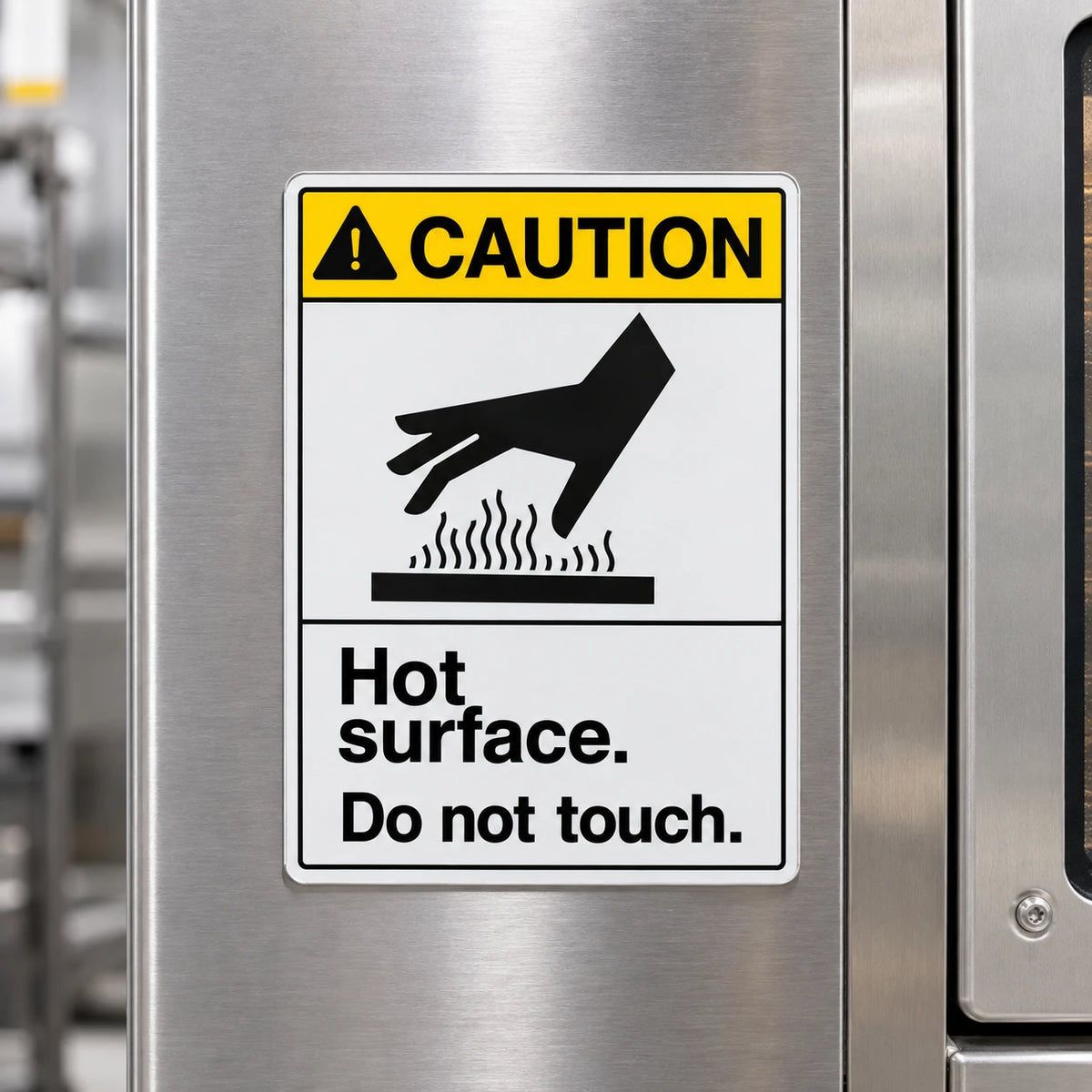 A rectangular hot surface warning sticker on a stainless steel appliance. The sticker has a yellow header with a black caution icon and the word CAUTION, a black hand icon touching steam lines, and the text 'Hot surface.