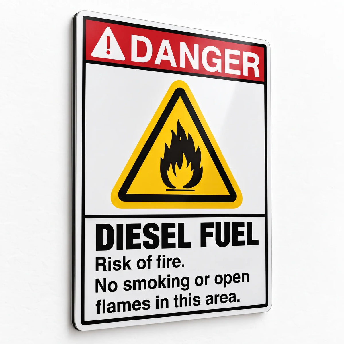 Vertical ANSI Z535.2-2023 Danger Diesel Fuel sign with ISO 7010 W021 flammable flame symbol, reading Risk of fire, No smoking or open flames in this area, on .040 aluminum