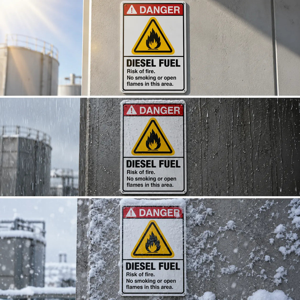 Three stacked photos show a rectangular warning sign reading DANGER / DIESEL FUEL mounted on a gray metal wall outdoors. The top photo is bright and sunny, the middle is rainy with water droplets, and the bottom is snowy with snowflakes and snow on the wall.