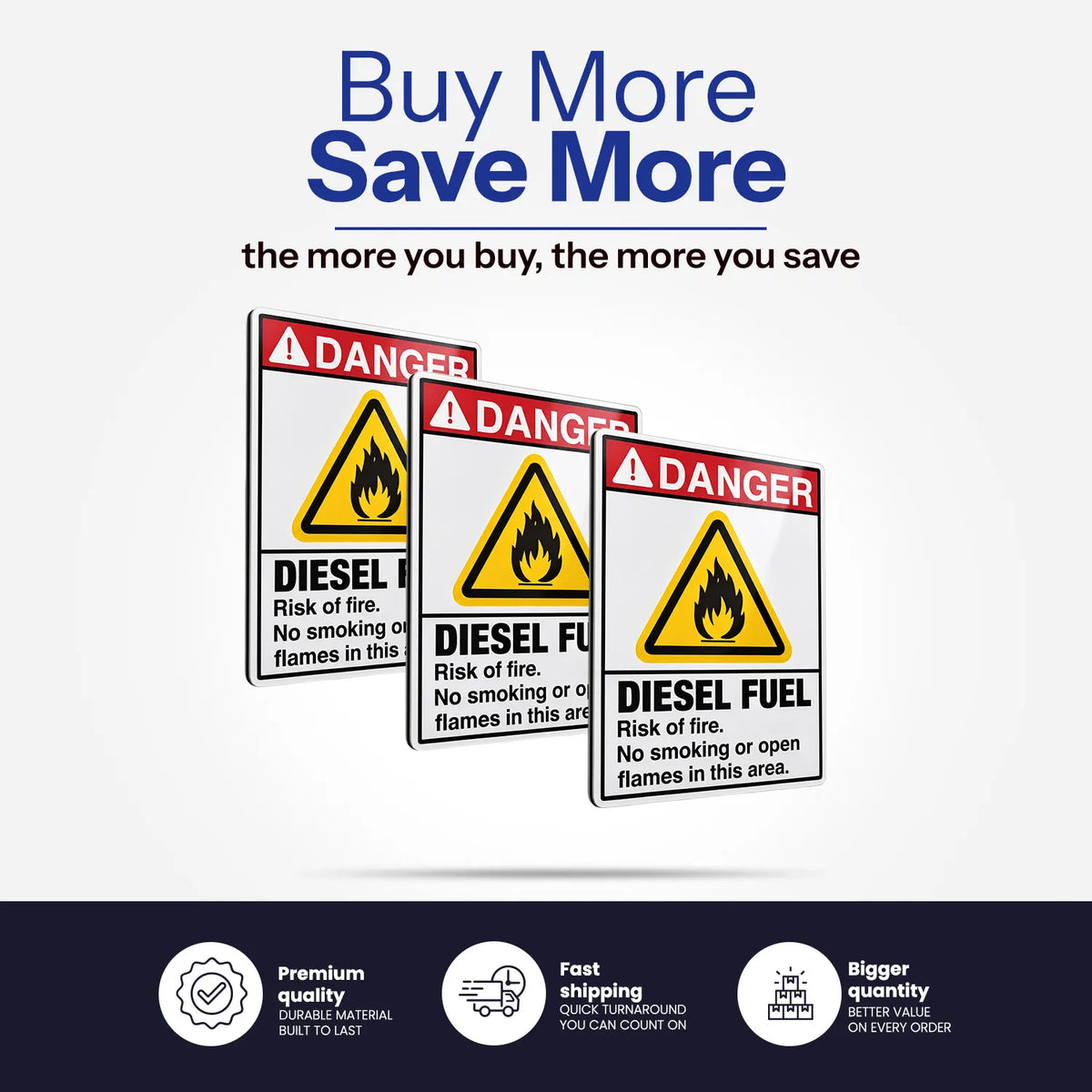 Three warning labels for diesel fuel with red 'DANGER' headers and yellow fire icons, shown on a light gray background with promotional text at the top and feature icons at the bottom.