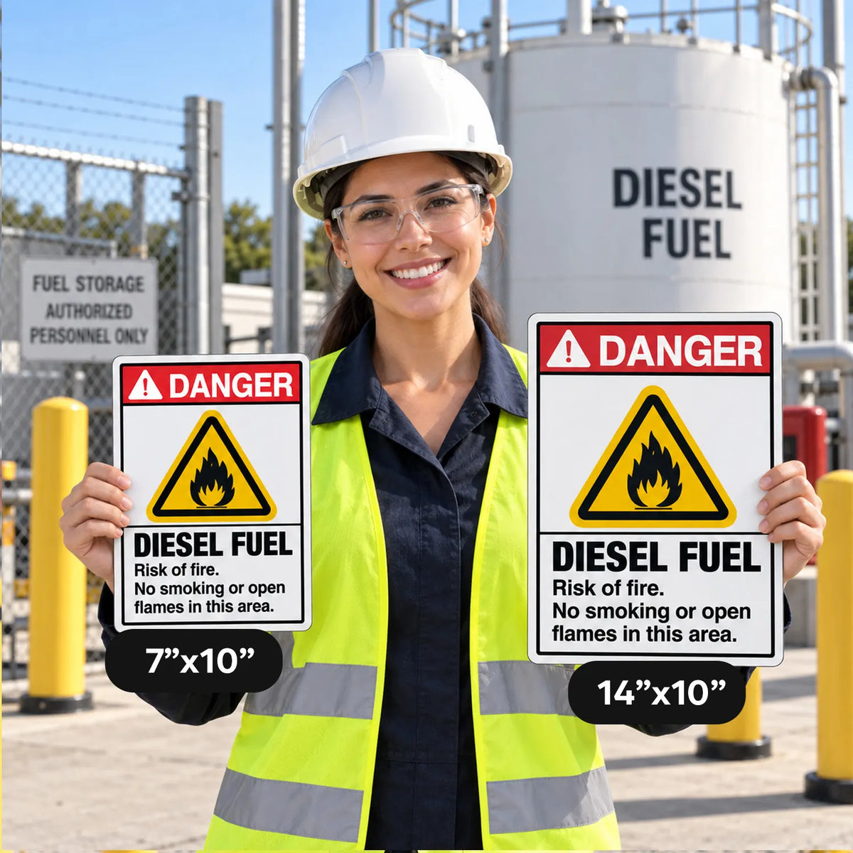 A woman in a white hard hat and high-visibility safety vest stands outdoors in front of industrial fuel storage tanks, holding two warning signs that read DANGER / DIESEL FUEL / Risk of fire. No smoking or open flames in this area.