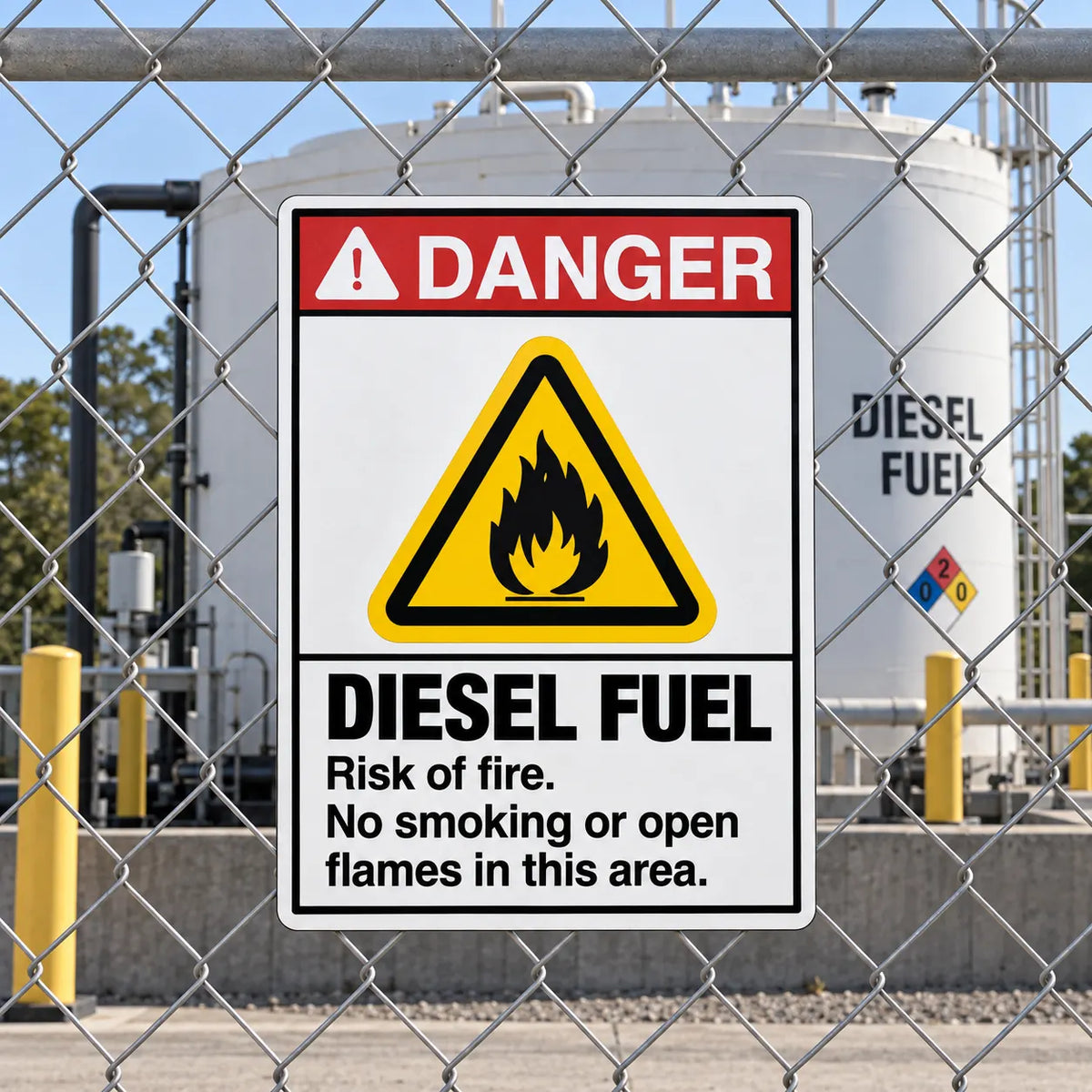 A rectangular safety sign reading DANGER and DIESEL FUEL with a yellow flame icon, mounted on a chain-link fence in front of industrial fuel tanks.
