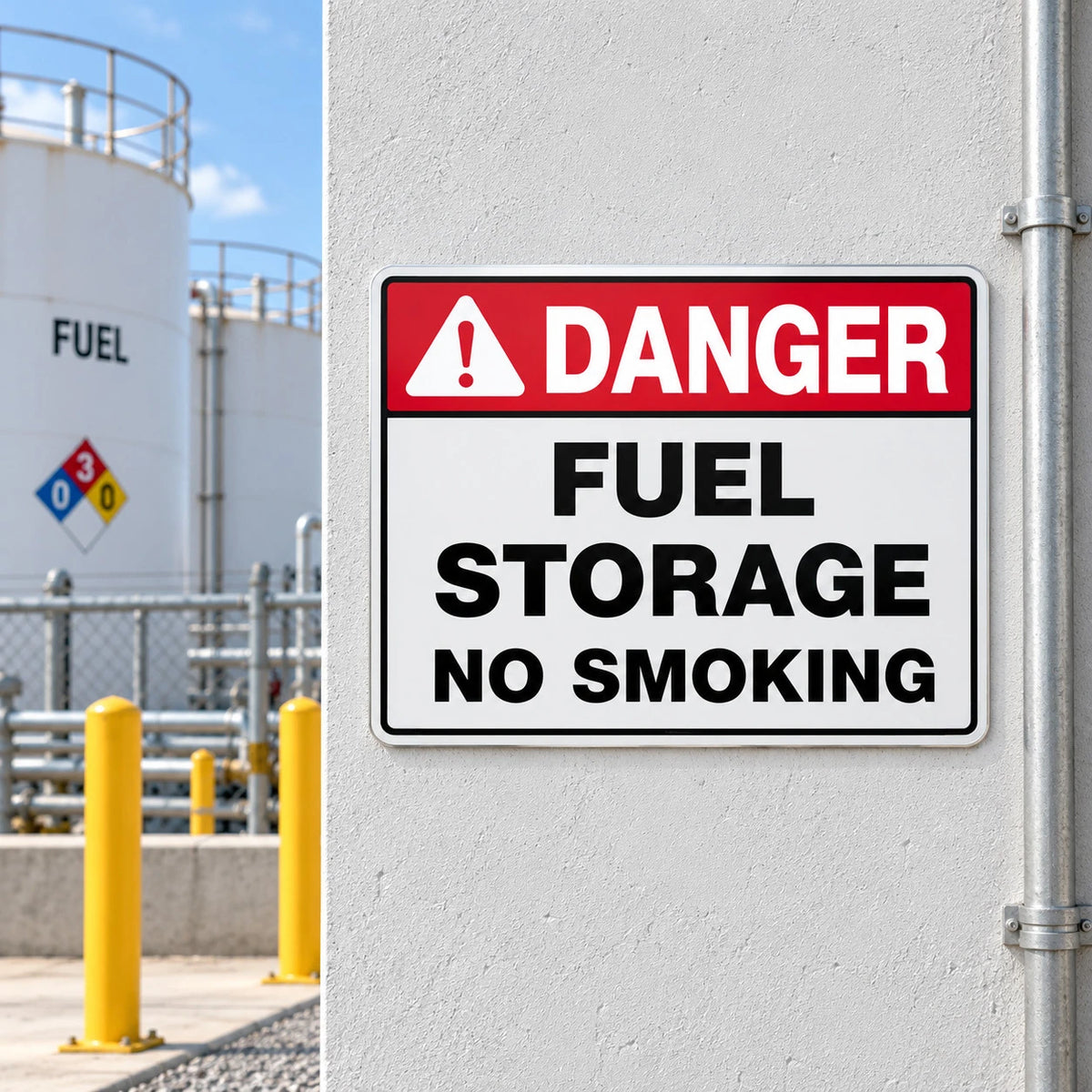 A rectangular warning sign reading 'DANGER FUEL STORAGE NO SMOKING' mounted on a light gray wall, with an industrial fuel storage facility visible in the background.