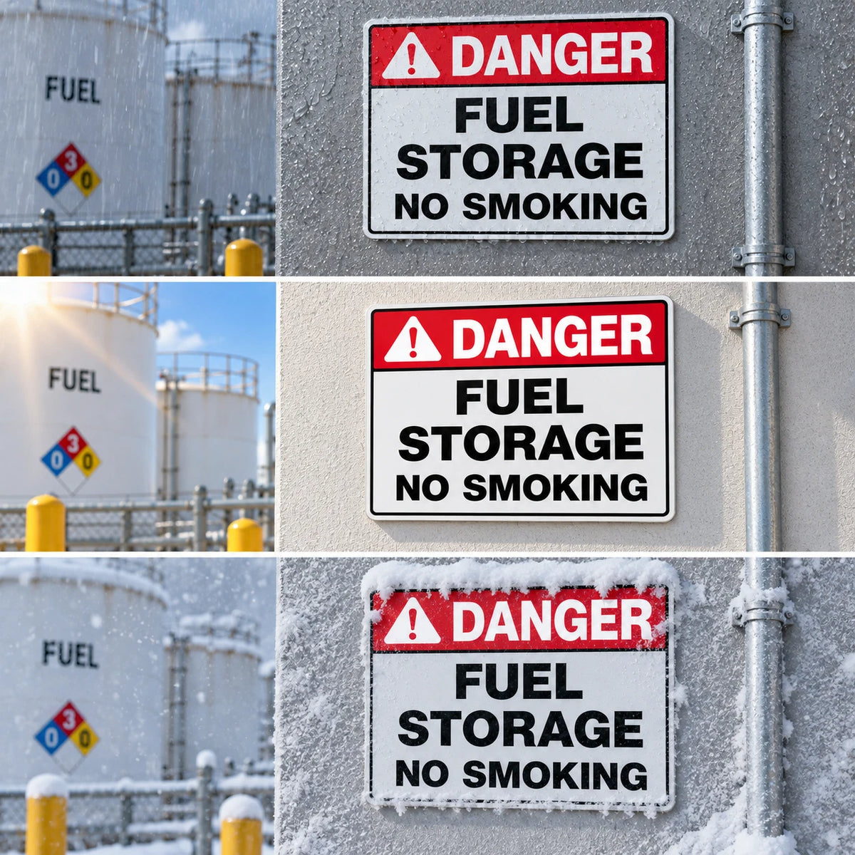 Three vertical panels show a white rectangular safety sign with a red header reading “DANGER” and black text “FUEL STORAGE NO SMOKING,” mounted on a gray wall beside a metal pipe. The left panel also shows large fuel storage tanks in an industrial outdoor setting with snow and sunlight.