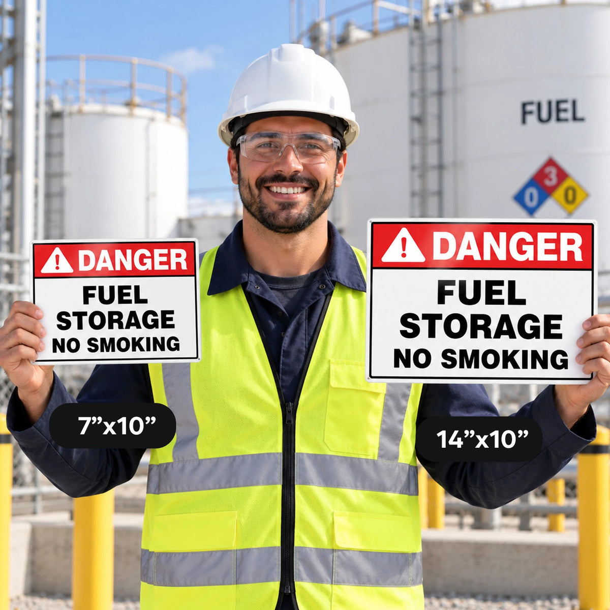 A smiling man in a white hard hat and high-visibility safety vest stands outdoors holding two warning signs that read 'DANGER FUEL STORAGE NO SMOKING.' One sign is labeled 7"x10" and the other 14"x10".