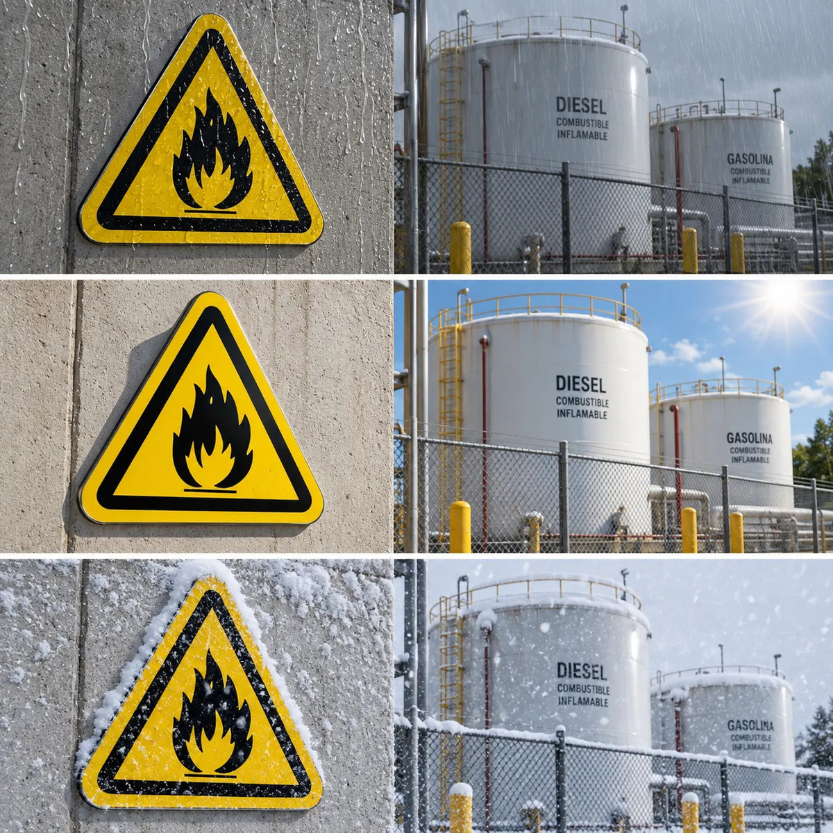A collage of three panels showing a yellow triangular flammable hazard sign with a black flame symbol, placed on a concrete wall in different weather conditions, alongside industrial fuel storage tanks and a chain-link fence.